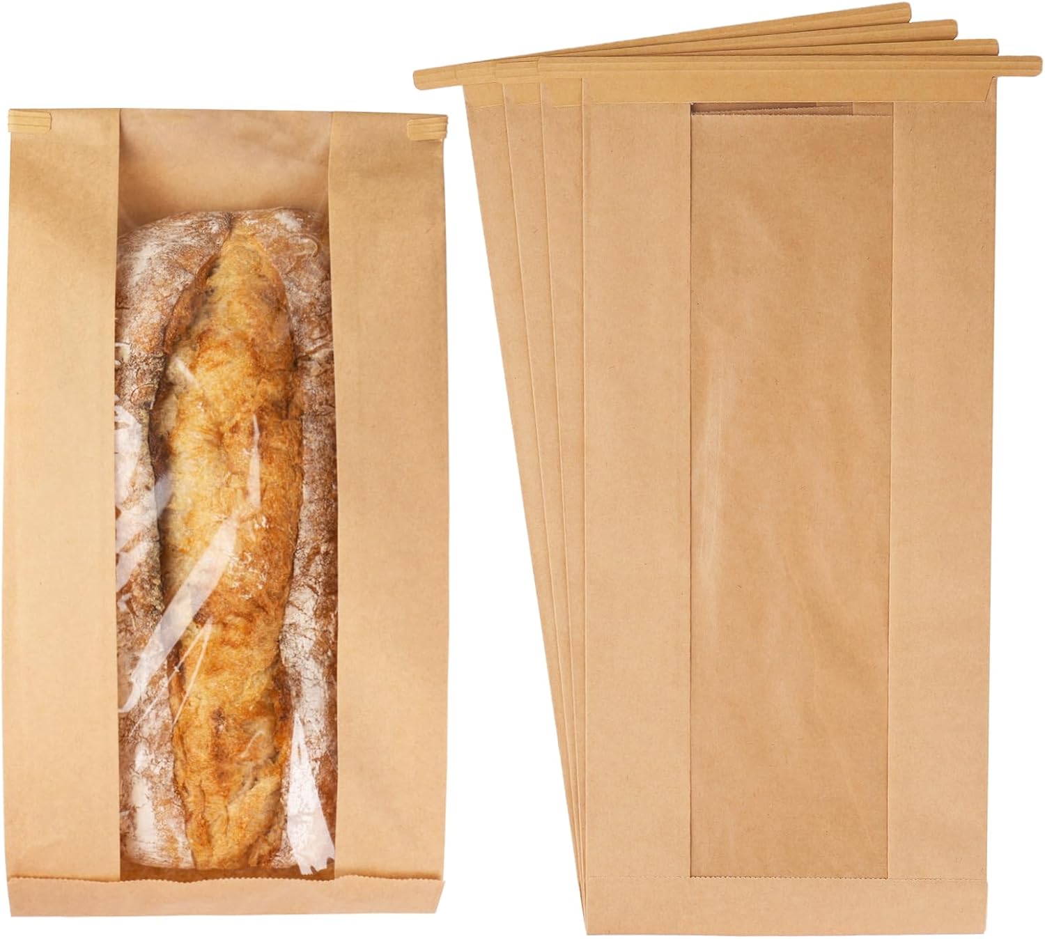50 Pack Long Paper Bread Bags with Tabs for Homemade Sourdough, Resealable Bakery Bags with Window for Oval Sourdough Bread, Loaves, Pastries, Baguettes (6.3x2.7×13.7 Inches) | Grease Resistant - Image 1