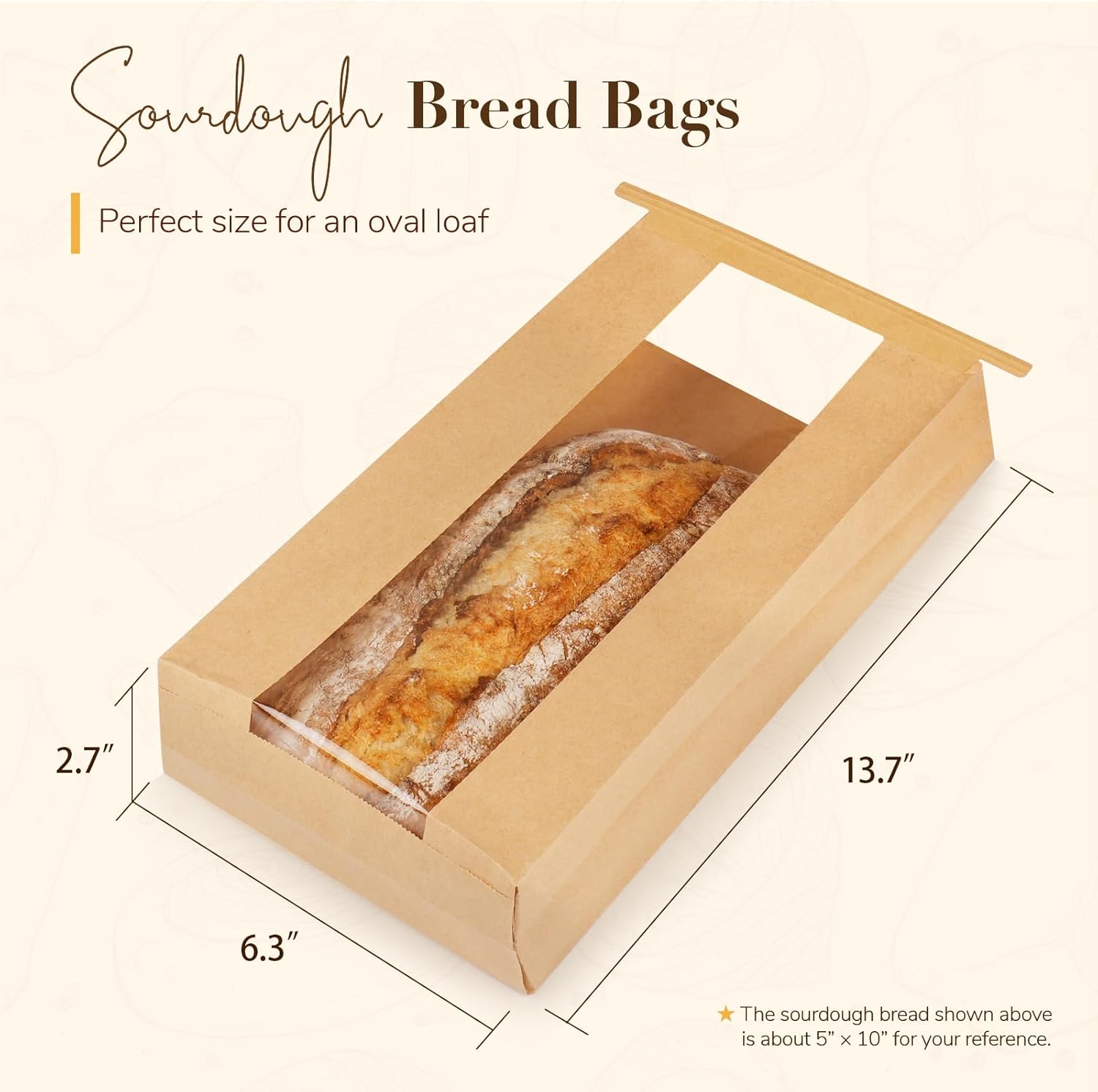 50 Pack Long Paper Bread Bags with Tabs for Homemade Sourdough, Resealable Bakery Bags with Window for Oval Sourdough Bread, Loaves, Pastries, Baguettes (6.3x2.7×13.7 Inches) | Grease Resistant - Image 2