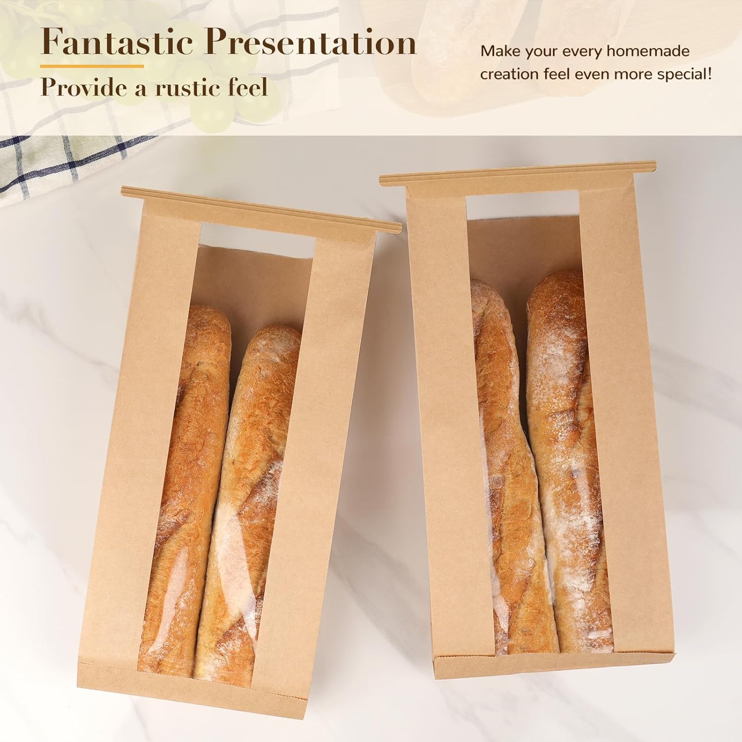 50 Pack Long Paper Bread Bags with Tabs for Homemade Sourdough, Resealable Bakery Bags with Window for Oval Sourdough Bread, Loaves, Pastries, Baguettes (6.3x2.7×13.7 Inches) | Grease Resistant - Image 6