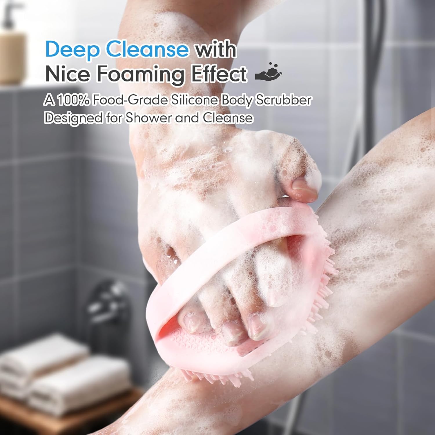 Silicone Body Scrubber with Foaming Effect, Food-Grade Safe, Pink, Soft Dense Bristles for Deep Cleansing - Image 2