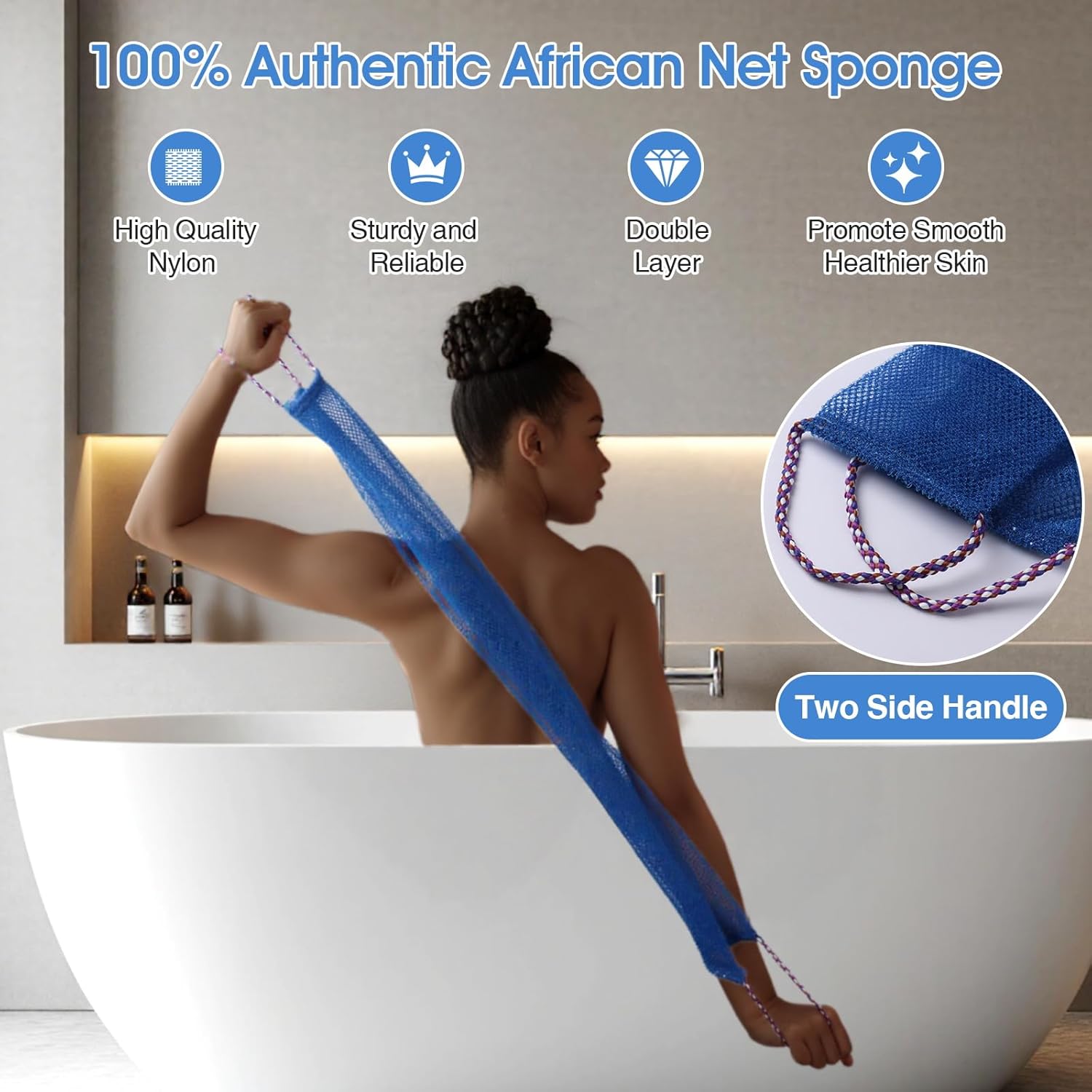 3 Pcs African Net Bath Sponge Double Layer Exfoliating Washcloth Body Scrubber with Handle for Adult and Kids - Image 4
