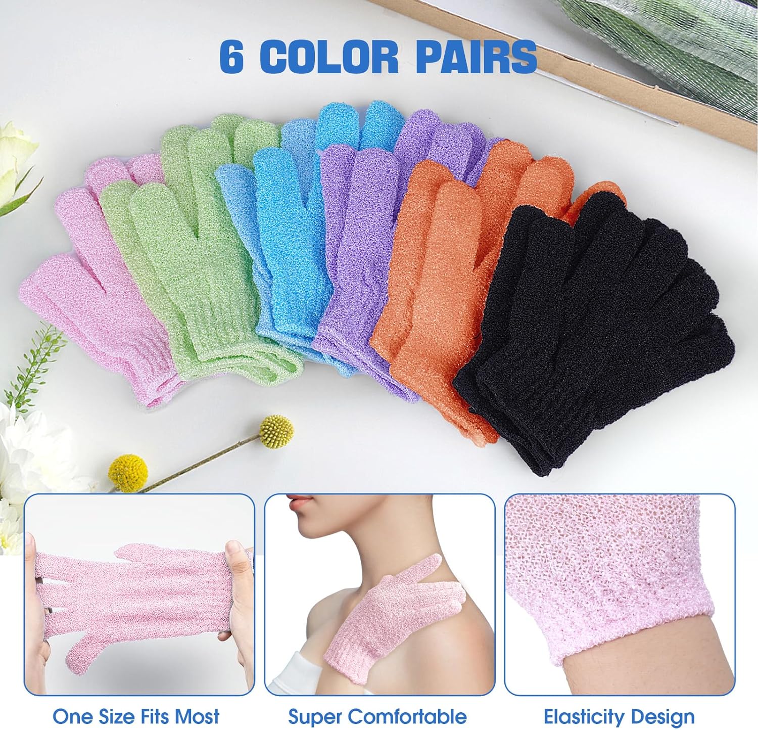 6 Pairs Exfoliating Bath Gloves Mitt Body Scrubber for Shower, Spa, Massage, Dead Skin Remover Bathing Accessories Women Men - Image 2