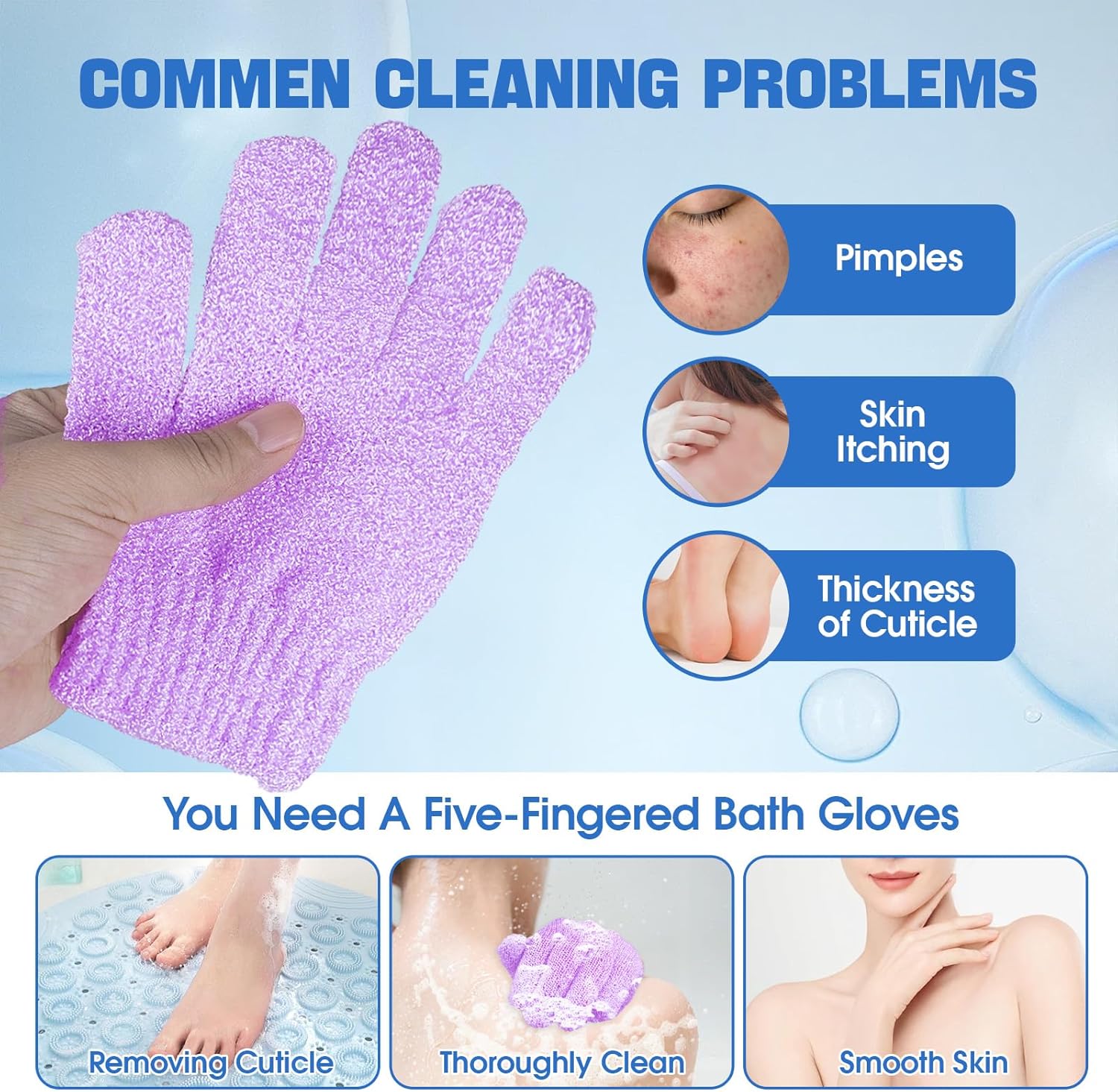 6 Pairs Exfoliating Bath Gloves Mitt Body Scrubber for Shower, Spa, Massage, Dead Skin Remover Bathing Accessories Women Men - Image 6