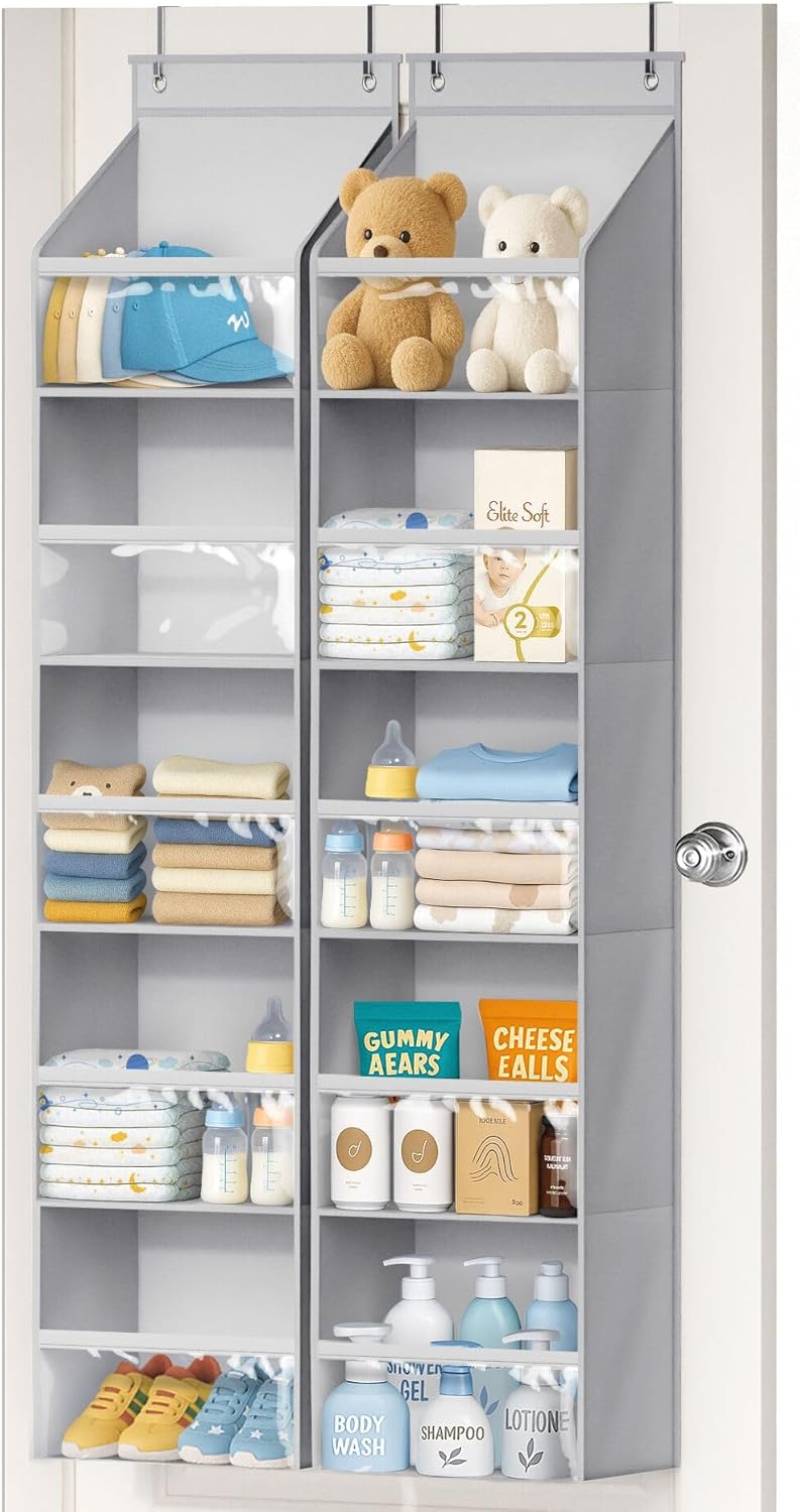 2 Pack Over the Door Organizer, Large Capacity Closet Door Hanging Organizer, Clear Deep Pockets Baby Organizer Storage for Nursery, Bathroom, Bedroom, Pantry, Diapers (Grey) - Image 1