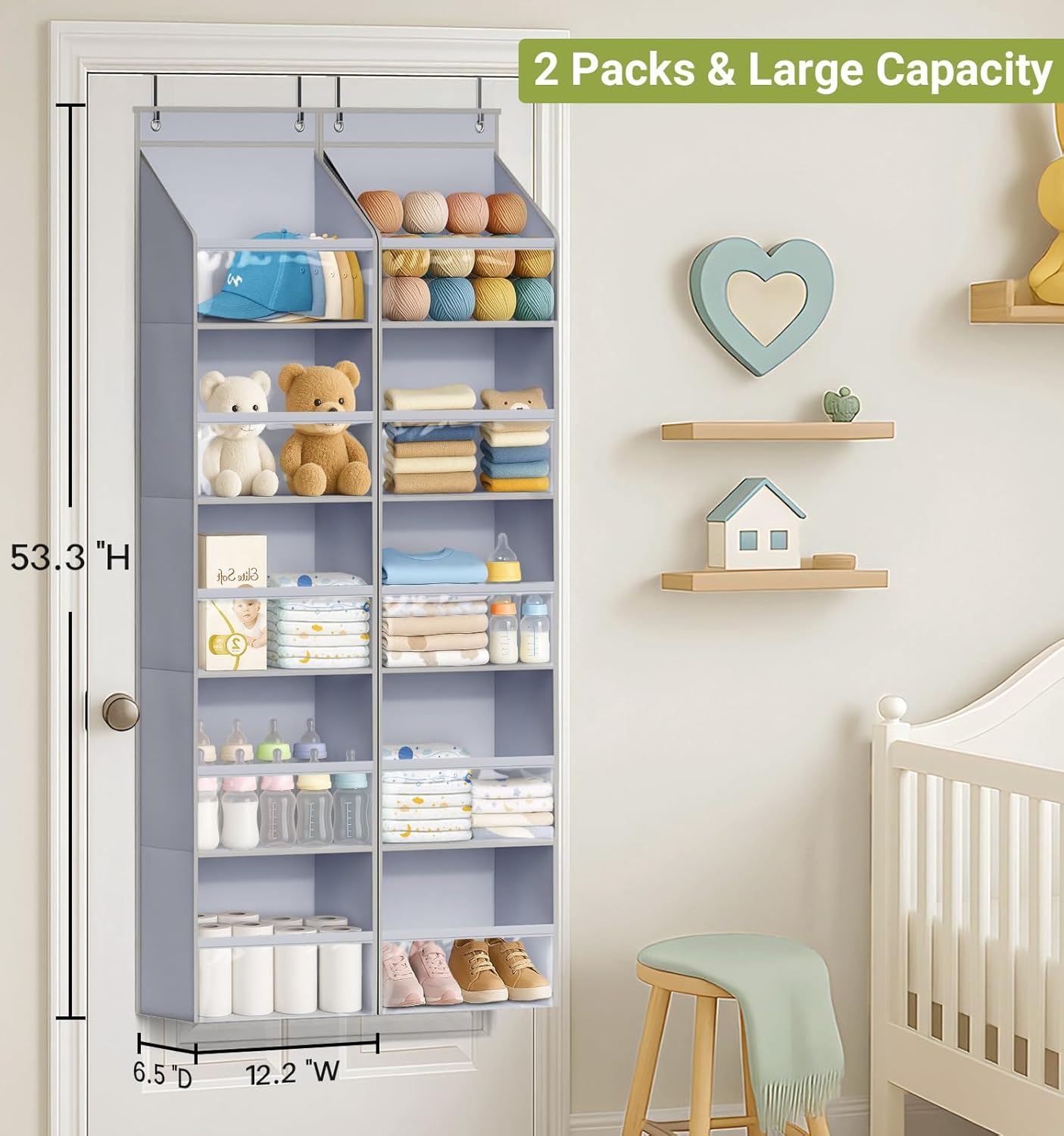2 Pack Over the Door Organizer, Large Capacity Closet Door Hanging Organizer, Clear Deep Pockets Baby Organizer Storage for Nursery, Bathroom, Bedroom, Pantry, Diapers (Grey) - Image 2
