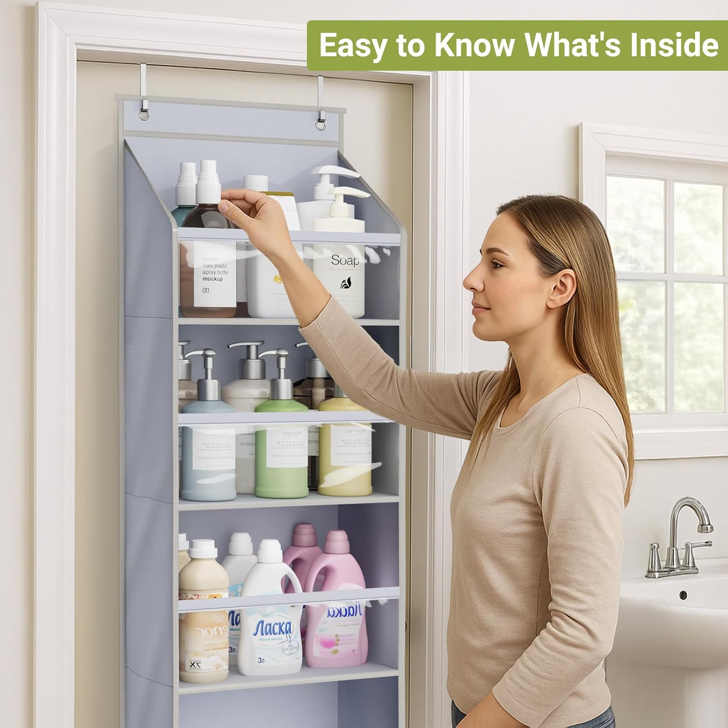 2 Pack Over the Door Organizer, Large Capacity Closet Door Hanging Organizer, Clear Deep Pockets Baby Organizer Storage for Nursery, Bathroom, Bedroom, Pantry, Diapers (Grey) - Image 5