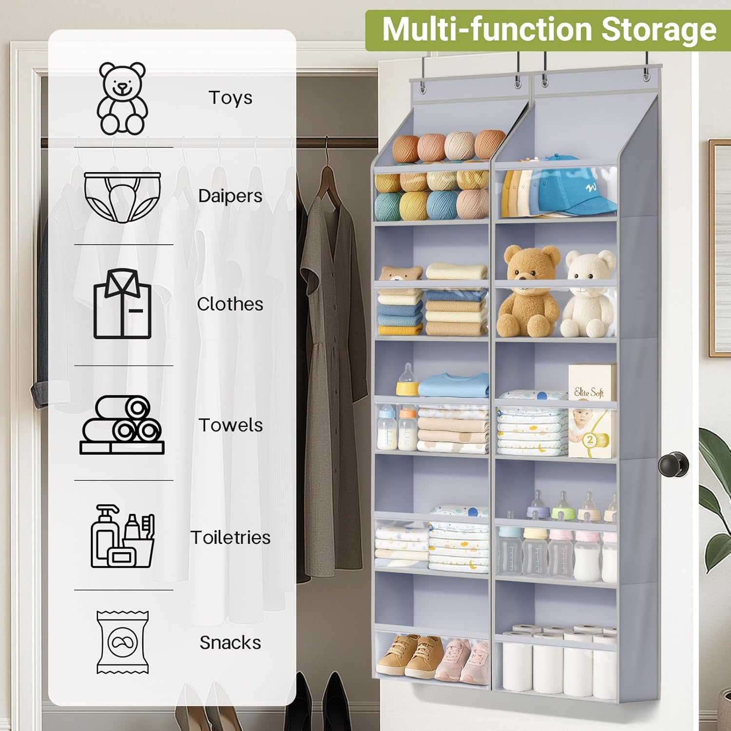 2 Pack Over the Door Organizer, Large Capacity Closet Door Hanging Organizer, Clear Deep Pockets Baby Organizer Storage for Nursery, Bathroom, Bedroom, Pantry, Diapers (Grey) - Image 7