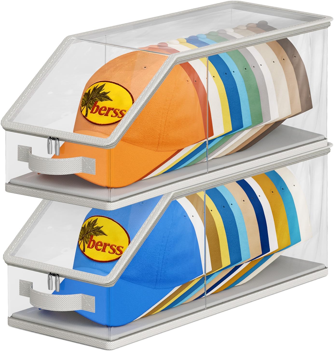2PCS Stackable Hat Storage for Baseball Caps, Clear Hat Organizer for Closet Holds up to 24 Caps, Men‘s Hat Box Display with Cardboard (Grey) - Image 1
