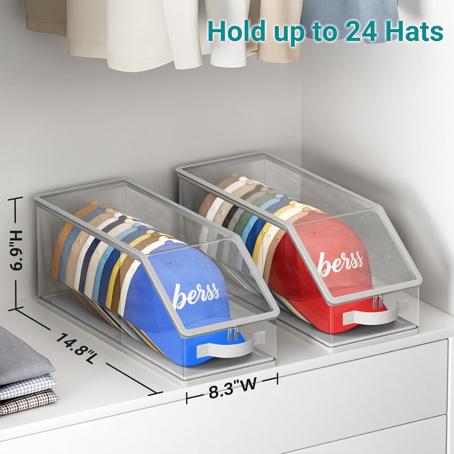 2PCS Stackable Hat Storage for Baseball Caps, Clear Hat Organizer for Closet Holds up to 24 Caps, Men‘s Hat Box Display with Cardboard (Grey) - Image 2