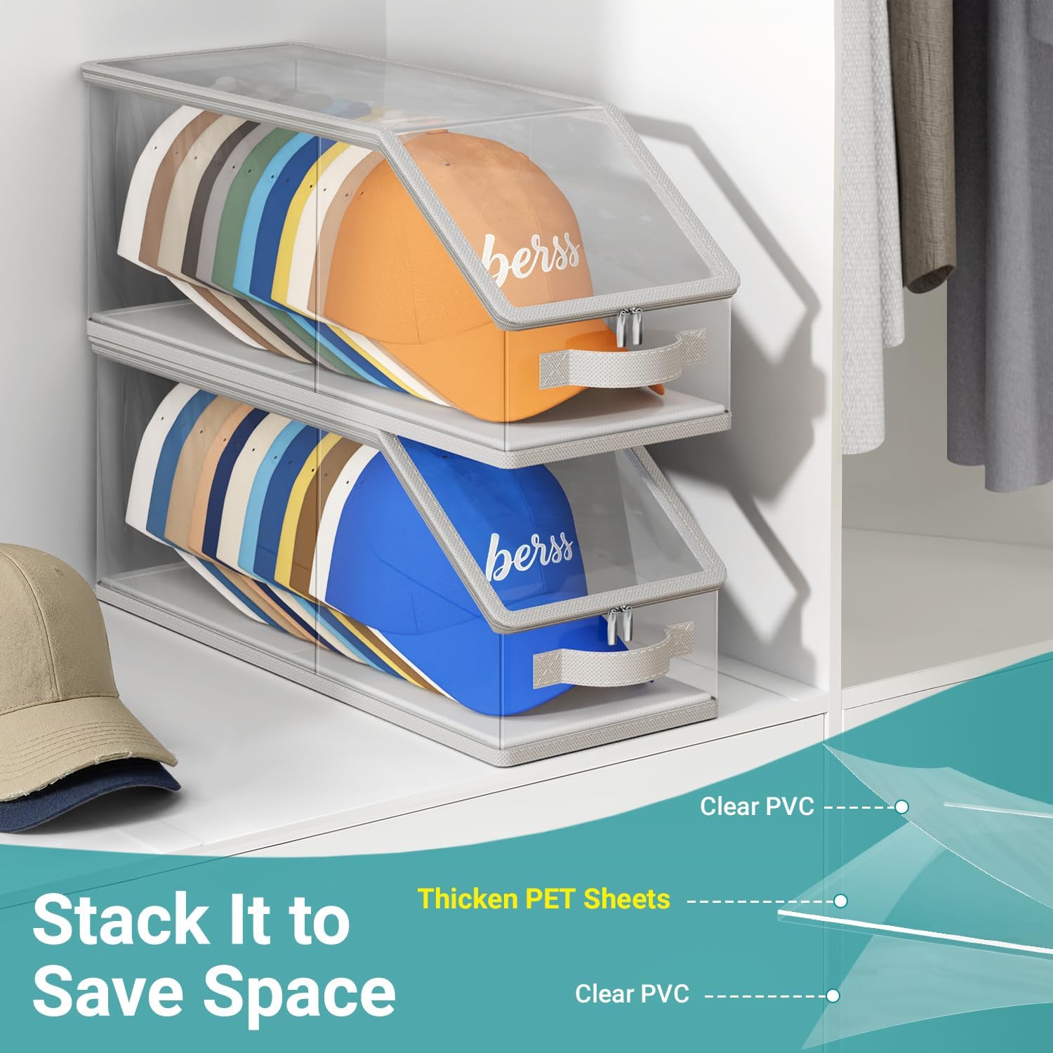 2PCS Stackable Hat Storage for Baseball Caps, Clear Hat Organizer for Closet Holds up to 24 Caps, Men‘s Hat Box Display with Cardboard (Grey) - Image 3