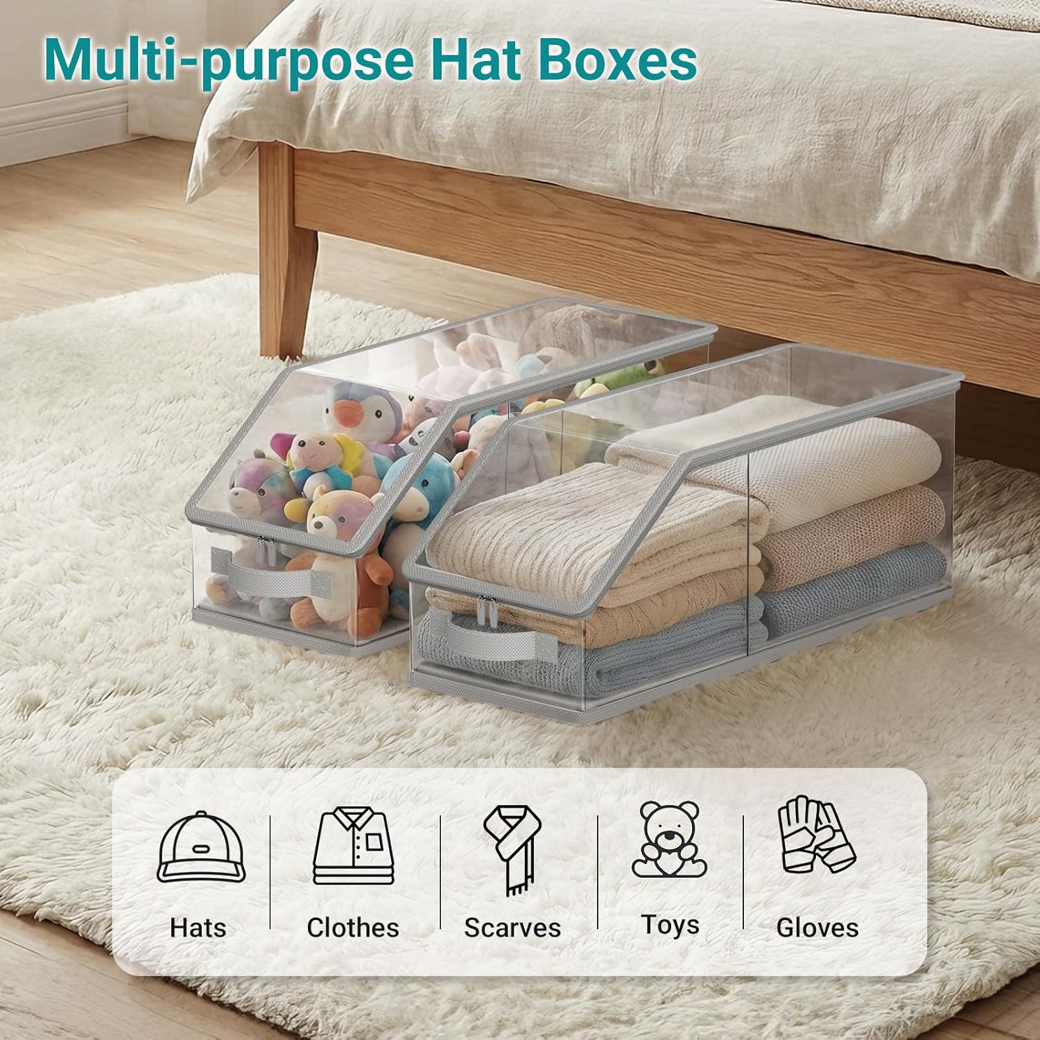 2PCS Stackable Hat Storage for Baseball Caps, Clear Hat Organizer for Closet Holds up to 24 Caps, Men‘s Hat Box Display with Cardboard (Grey) - Image 7