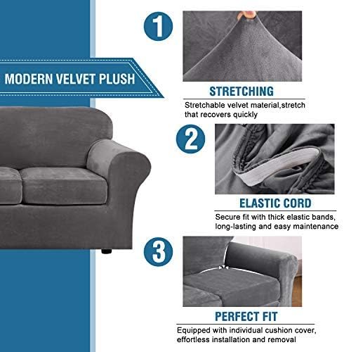 4 Pieces Thick Velvet Sofa Covers Couch Covers for 3 Chion Couch Sofa High Stretch Slipcovers Furniture Protector Form Fit Luxury Couch Cover for Dogs Width Up to 90 Inch(Sofa,Grey) - Image 3