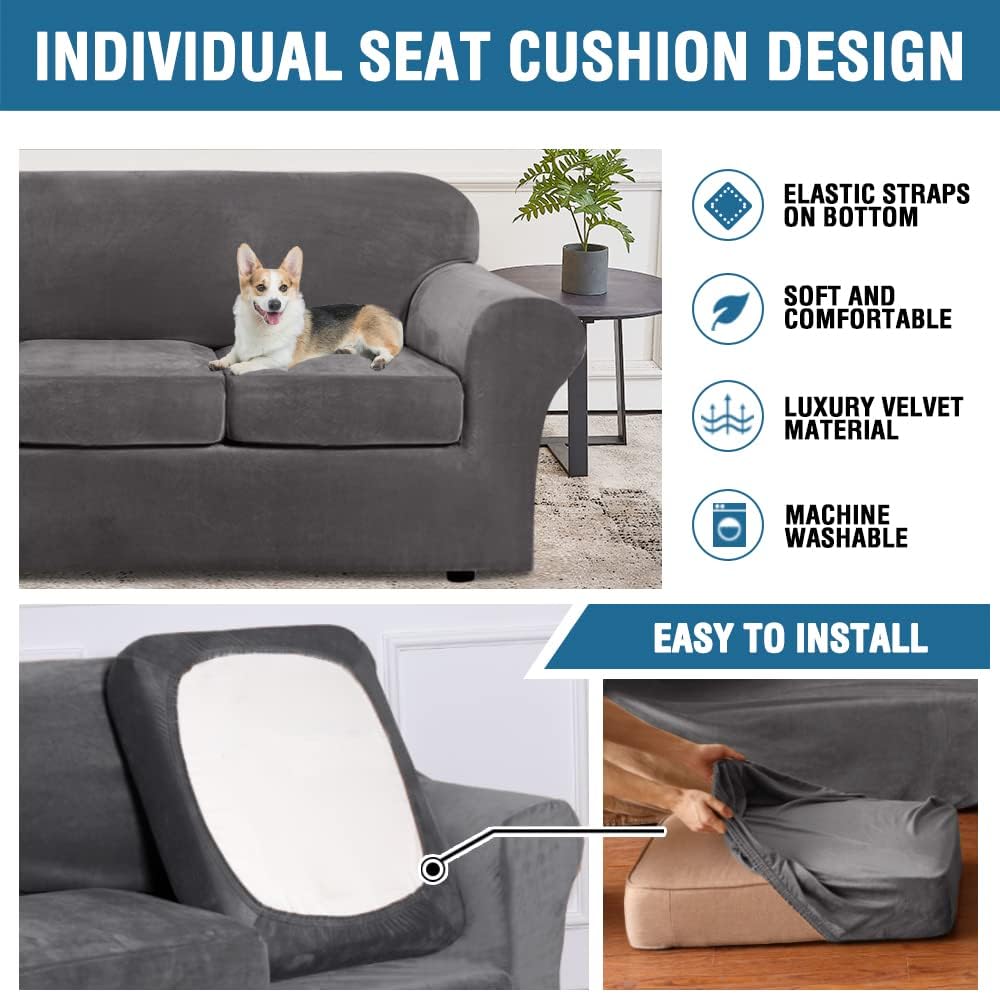 4 Pieces Thick Velvet Sofa Covers Couch Covers for 3 Chion Couch Sofa High Stretch Slipcovers Furniture Protector Form Fit Luxury Couch Cover for Dogs Width Up to 90 Inch(Sofa,Grey) - Image 6