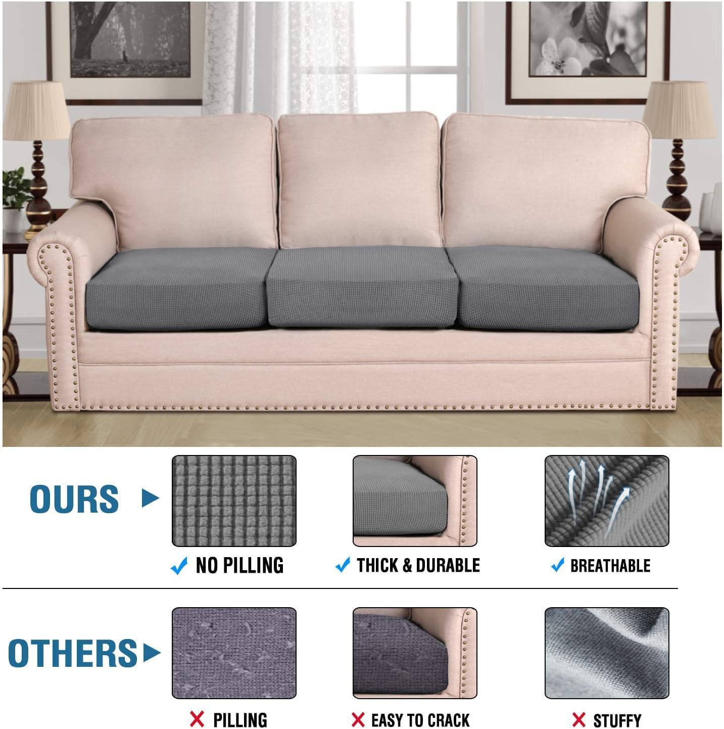 Super Stretch Individual Seat Chion Covers Sofa Covers Couch Chion Cover Slipcover Sets Thick Jacquard Textured Twill Fabric (3 Piece Sofa Chion Covers, Grey) - Image 2