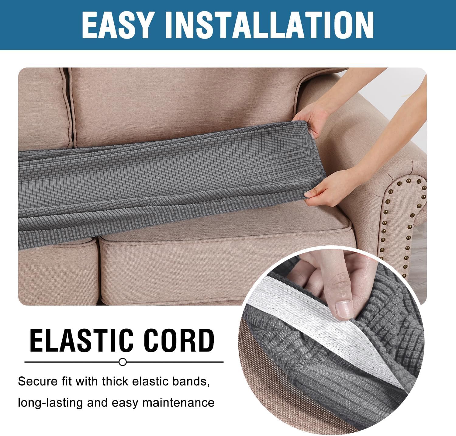 Super Stretch Individual Seat Chion Covers Sofa Covers Couch Chion Cover Slipcover Sets Thick Jacquard Textured Twill Fabric (3 Piece Sofa Chion Covers, Grey) - Image 5
