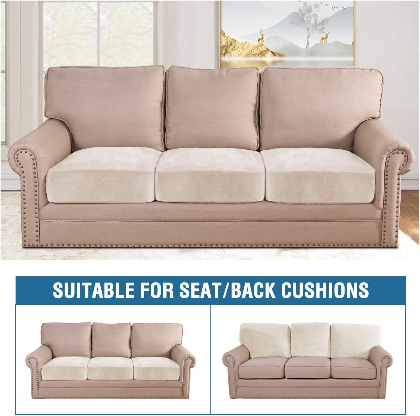 Velvet Stretch Couch Chion Cover Plh Chion Slipcover for Chair Loveseat Sofa Chion Furniture Protector Seat Chion Sofa Cover (3 Piece Sofa Chion Covers, Ivory) - Image 3
