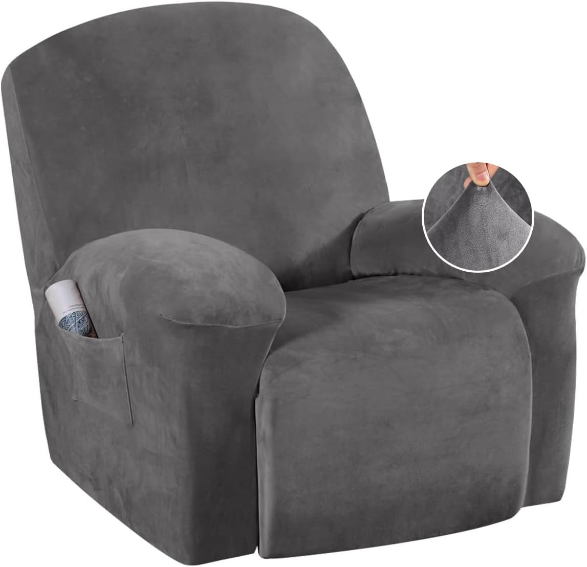 Velvet Recliner Chair Covers 1-Piece for Reclining Chair, Recliner Cover Feature Thick Luxury and Soft Fabric with Elastic Bottom, Anti-Slip Foams Attached (Grey, Large) - Image 1