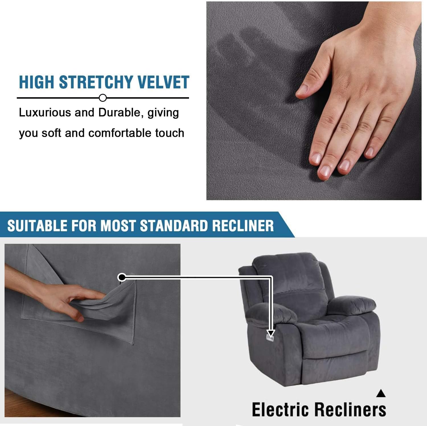 Velvet Recliner Chair Covers 1-Piece for Reclining Chair, Recliner Cover Feature Thick Luxury and Soft Fabric with Elastic Bottom, Anti-Slip Foams Attached (Grey, Large) - Image 3