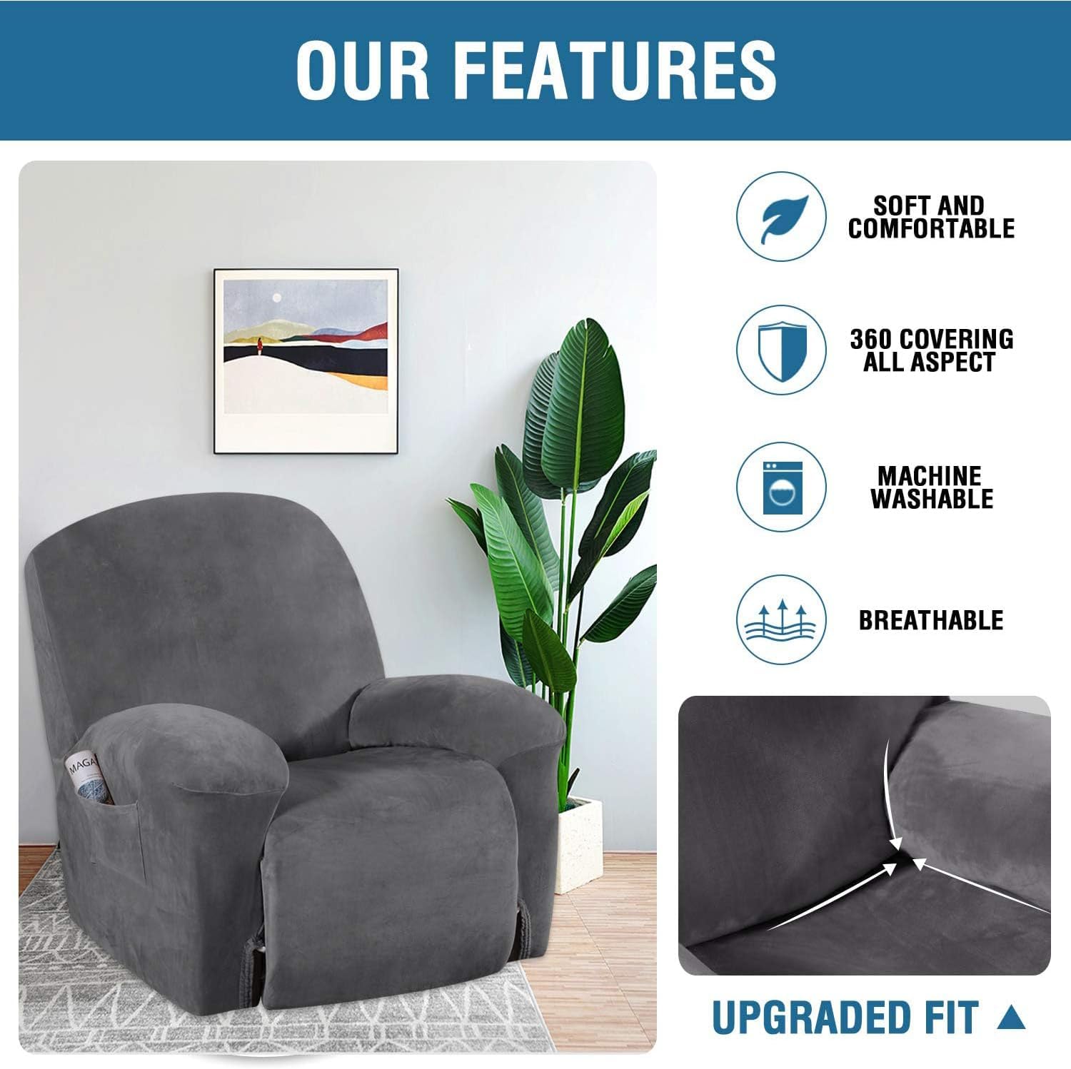 Velvet Recliner Chair Covers 1-Piece for Reclining Chair, Recliner Cover Feature Thick Luxury and Soft Fabric with Elastic Bottom, Anti-Slip Foams Attached (Grey, Large) - Image 4