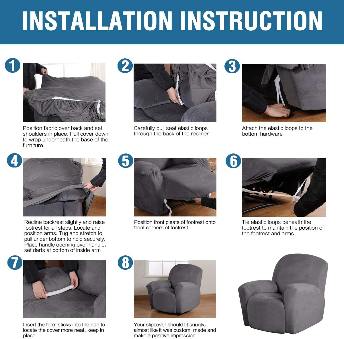Velvet Recliner Chair Covers 1-Piece for Reclining Chair, Recliner Cover Feature Thick Luxury and Soft Fabric with Elastic Bottom, Anti-Slip Foams Attached (Grey, Large) - Image 6