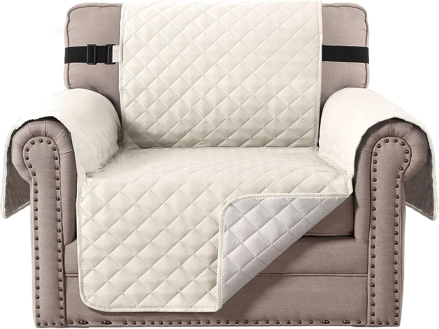 Chair Slipcover Reversible Chair Cover Water Resistant Couch Cover Washable Chair Cover Non-Slip Fabric Furniture Protector with Elastic Strap for Pets(Armchair, Ivory/Beige) - Image 1