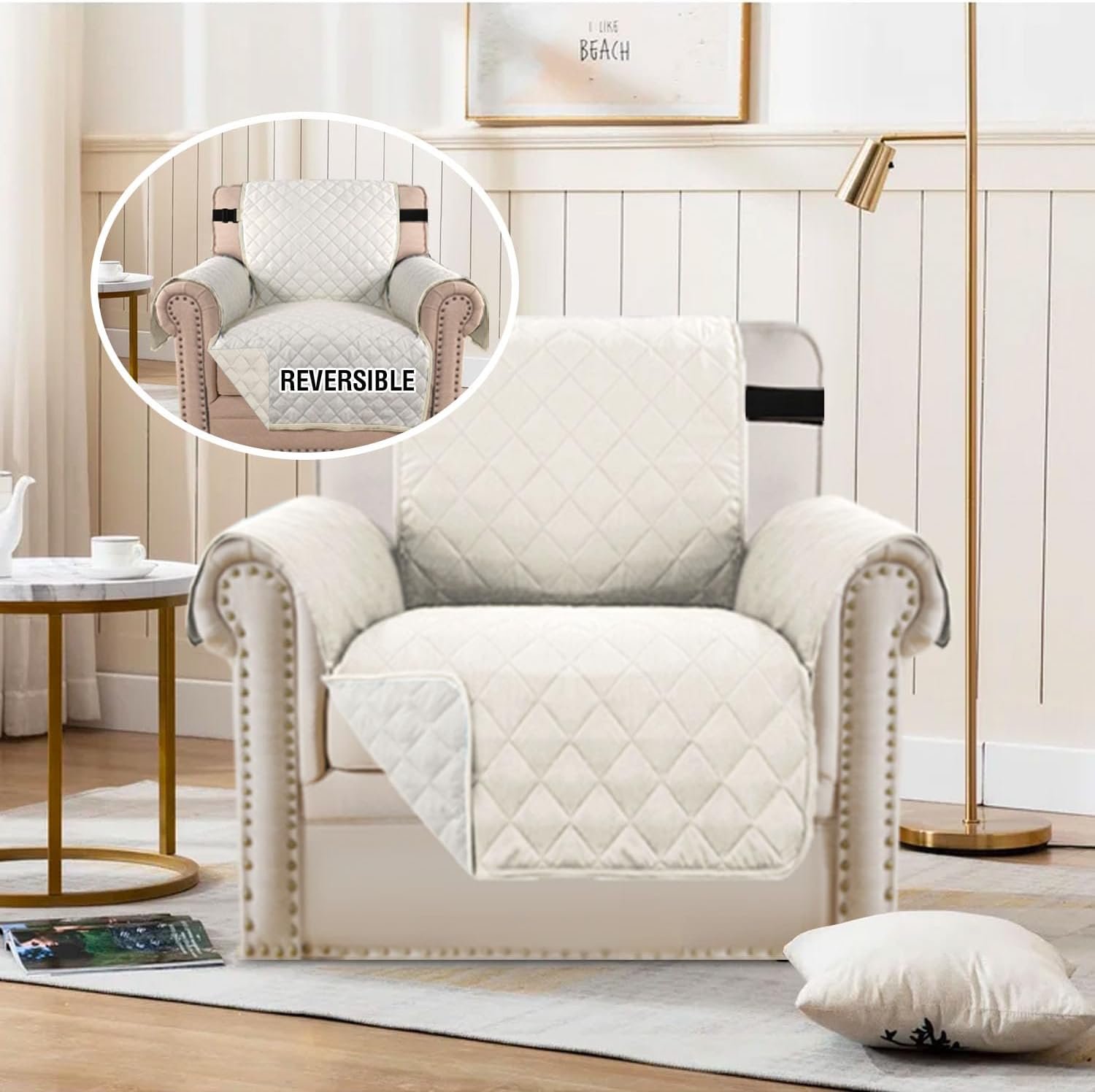Chair Slipcover Reversible Chair Cover Water Resistant Couch Cover Washable Chair Cover Non-Slip Fabric Furniture Protector with Elastic Strap for Pets(Armchair, Ivory/Beige) - Image 3