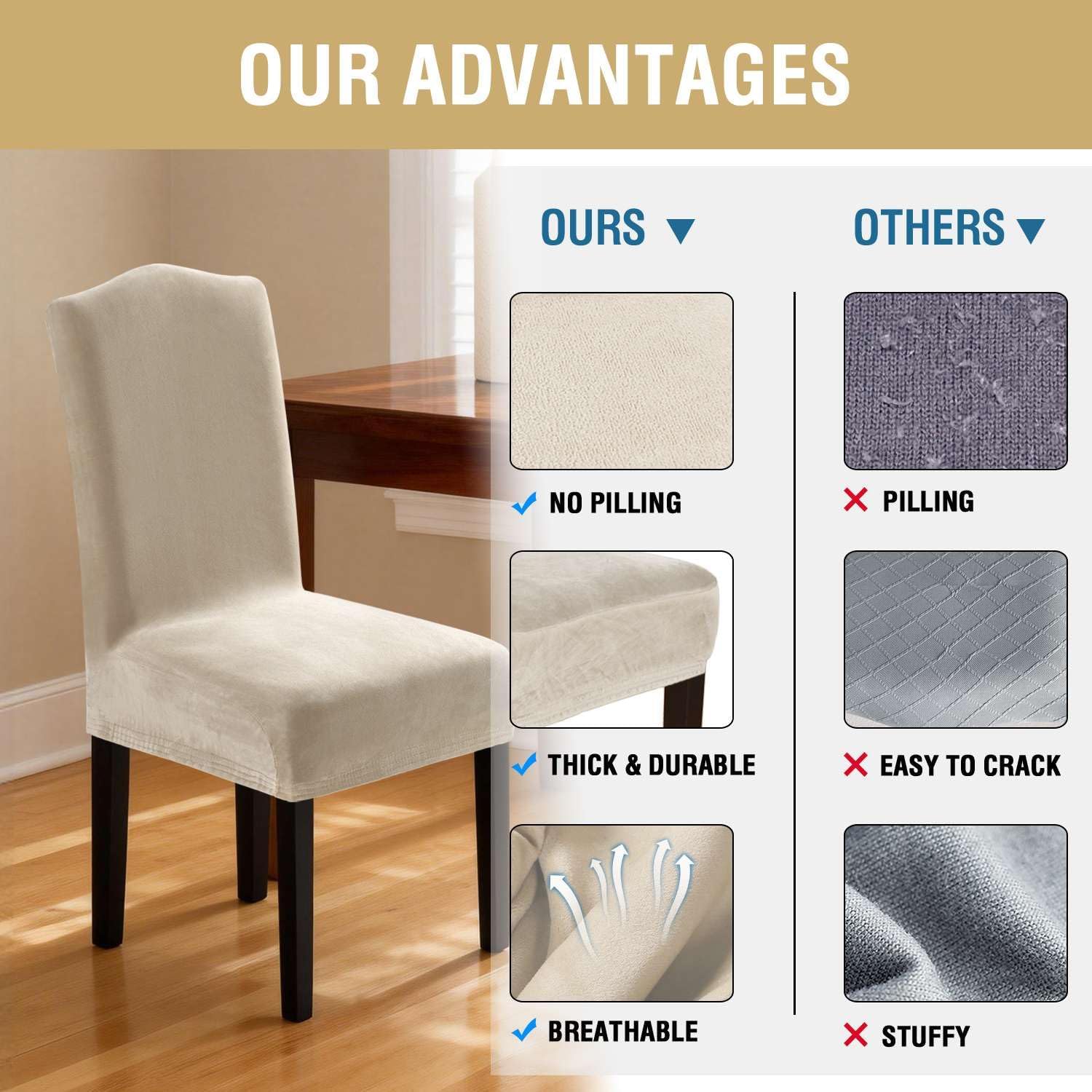 Dining Chair Covers Velvet Stretch Chair Covers for Dining Room Set of 6 Parson Chair Slipcovers Chair Protectors Covers, Soft Thick Solid Velvet Fabric Washable, Ivory - Image 6