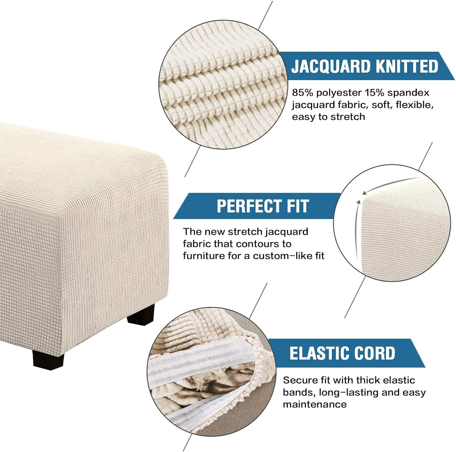 Ottoman Cover Slipcover Rectangle Fit Length 29'-34' Footrest Sofa Slipcovers Stool Cover Footstool Protector Covers Feature Stretch Thick Jacquard Fabric Removable Washable - Natural - Image 3