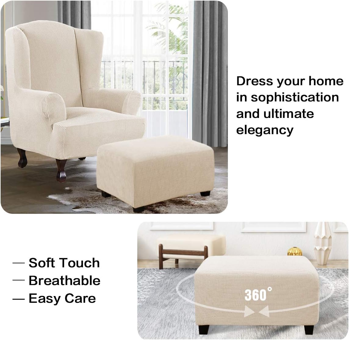 Ottoman Cover Slipcover Rectangle Fit Length 29'-34' Footrest Sofa Slipcovers Stool Cover Footstool Protector Covers Feature Stretch Thick Jacquard Fabric Removable Washable - Natural - Image 4