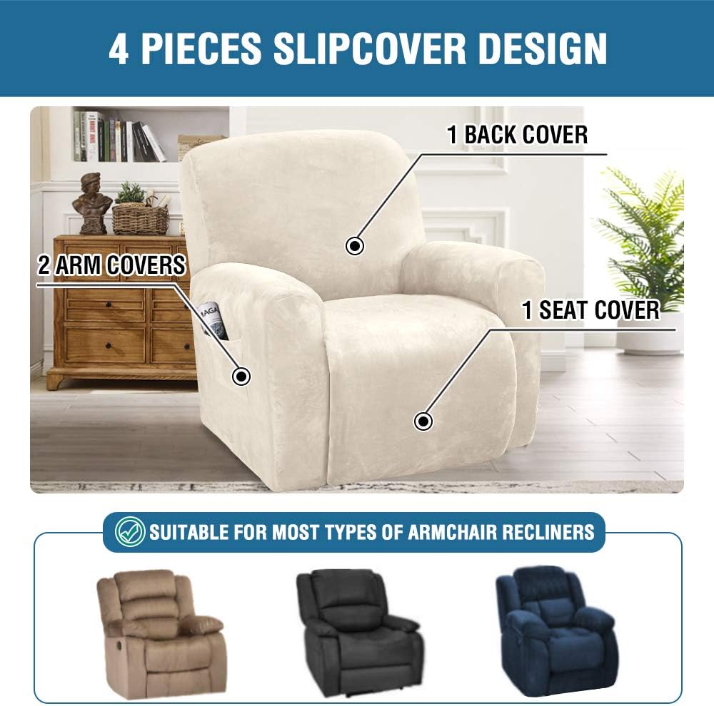 Velvet Stretch Recliner Couch Covers 4-Pieces Style Recliner Chair Covers Recliner Cover for Reclining Chair Slipcovers Feature Non Slip Form Fitted Thick Soft Washable, Ivory - Image 2