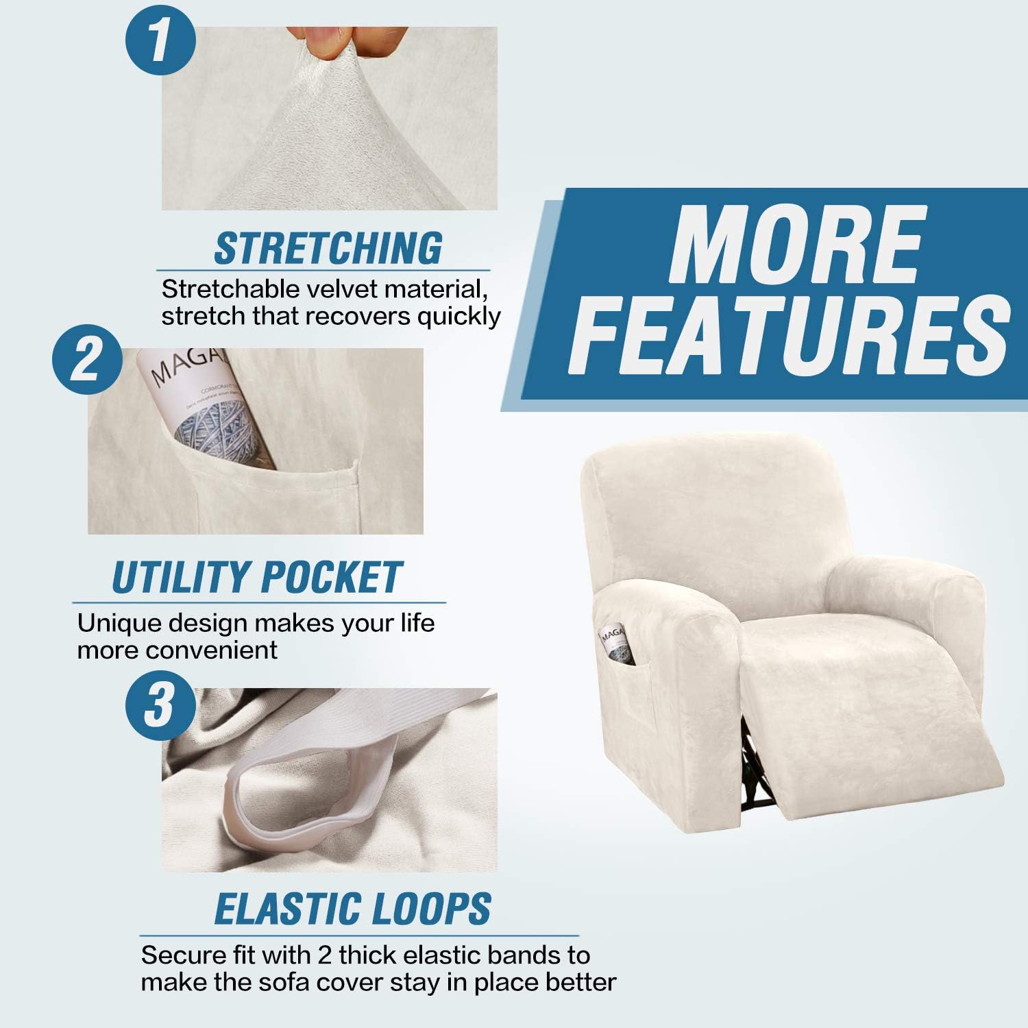 Velvet Stretch Recliner Couch Covers 4-Pieces Style Recliner Chair Covers Recliner Cover for Reclining Chair Slipcovers Feature Non Slip Form Fitted Thick Soft Washable, Ivory - Image 4