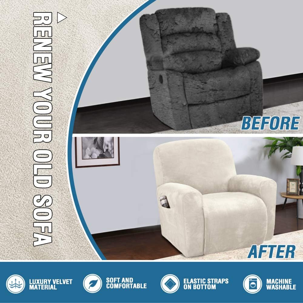 Velvet Stretch Recliner Couch Covers 4-Pieces Style Recliner Chair Covers Recliner Cover for Reclining Chair Slipcovers Feature Non Slip Form Fitted Thick Soft Washable, Ivory - Image 5