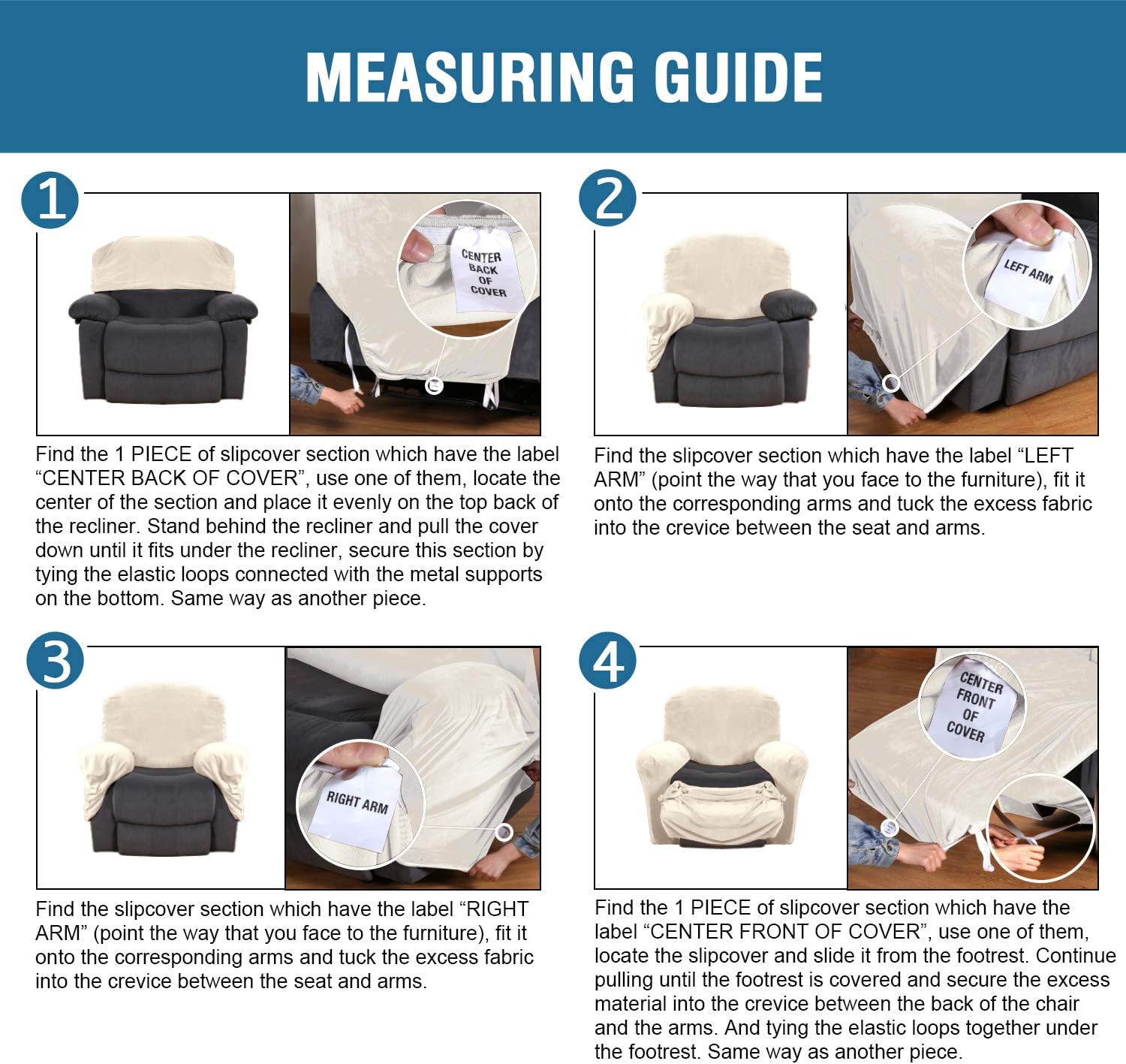 Velvet Stretch Recliner Couch Covers 4-Pieces Style Recliner Chair Covers Recliner Cover for Reclining Chair Slipcovers Feature Non Slip Form Fitted Thick Soft Washable, Ivory - Image 6