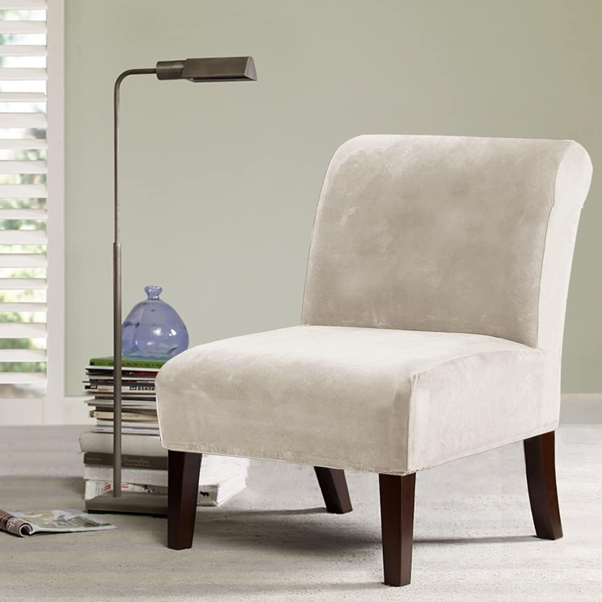 Armless Accent Chair Covers Thick Velvet Armless Chair Slipcovers High Stretch Chair Covers for Living Room Hotel Machine Washable Furniture Protector with Elastic Bottom, Ivory - Image 2