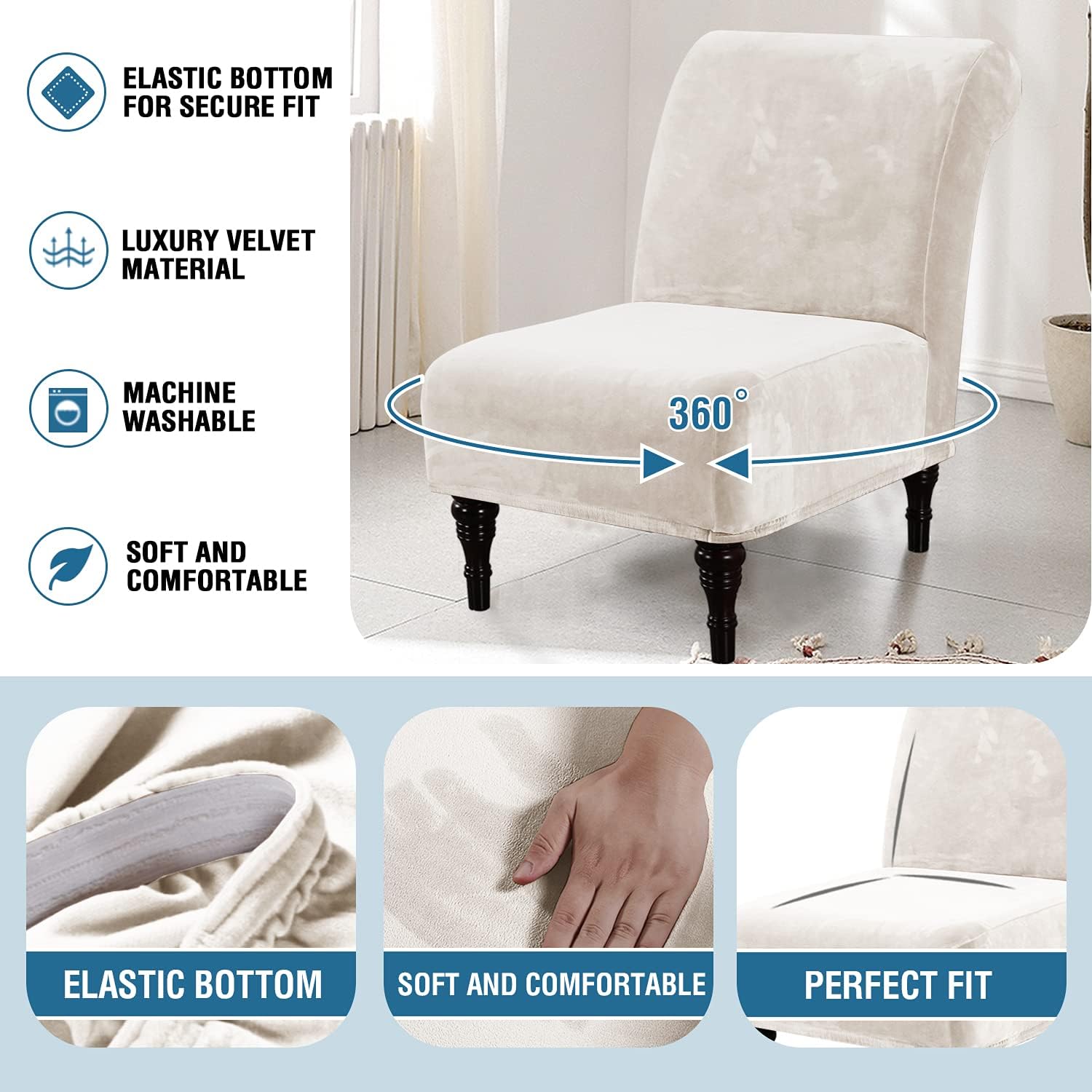 Armless Accent Chair Covers Thick Velvet Armless Chair Slipcovers High Stretch Chair Covers for Living Room Hotel Machine Washable Furniture Protector with Elastic Bottom, Ivory - Image 6