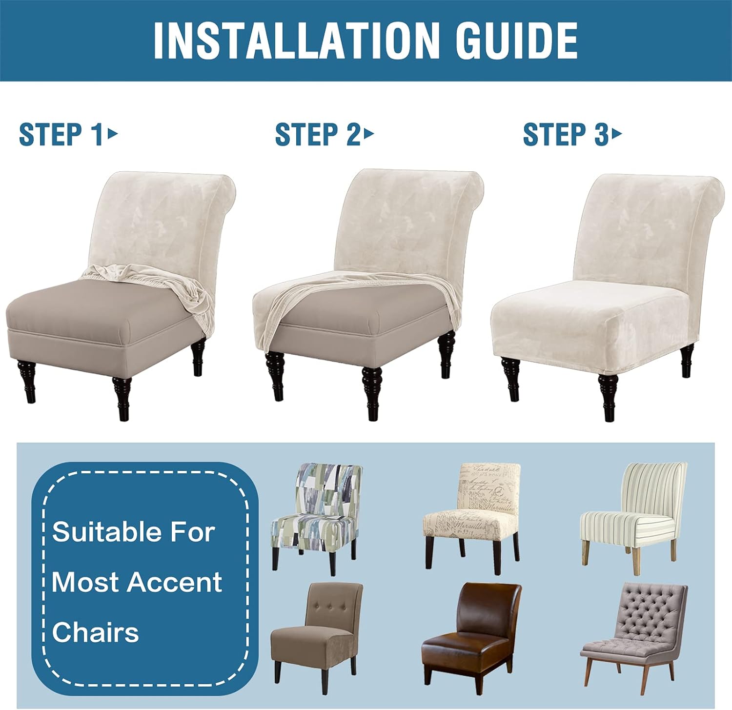 Armless Accent Chair Covers Thick Velvet Armless Chair Slipcovers High Stretch Chair Covers for Living Room Hotel Machine Washable Furniture Protector with Elastic Bottom, Ivory - Image 7