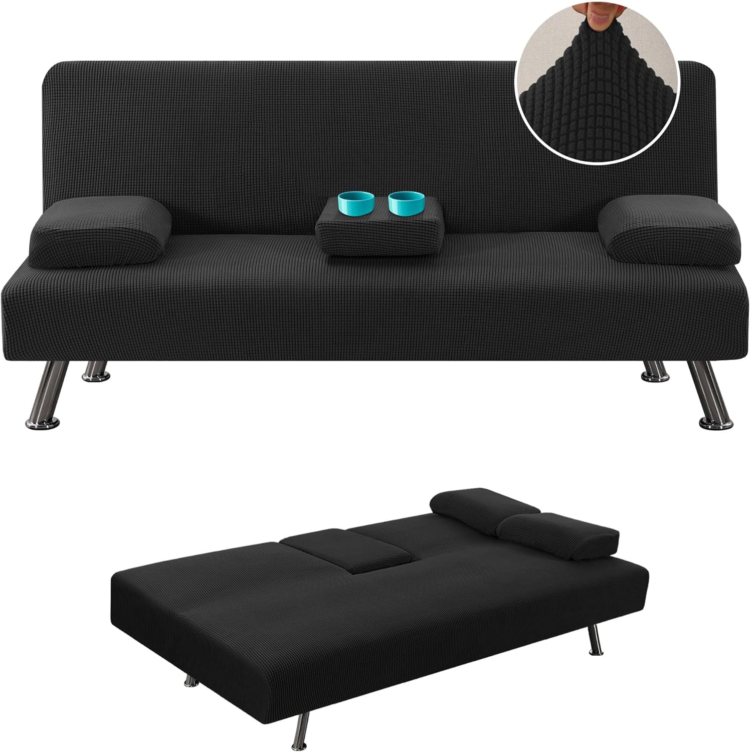 4 Pieces Stretch Futon Covers Sofa Bed Slipcover with Removable Armrests and Cupholders Covers Furniture Protector High Spandex Small Checks Jacquard Fabric, Black - Image 1