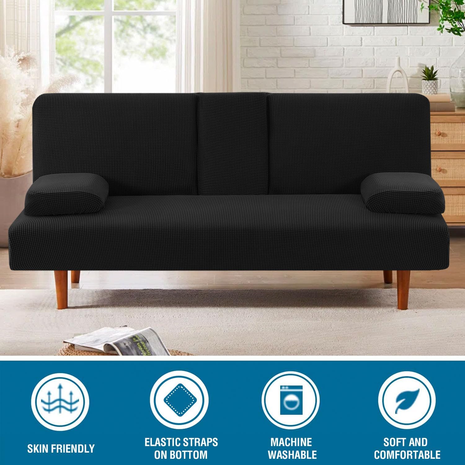 4 Pieces Stretch Futon Covers Sofa Bed Slipcover with Removable Armrests and Cupholders Covers Furniture Protector High Spandex Small Checks Jacquard Fabric, Black - Image 3