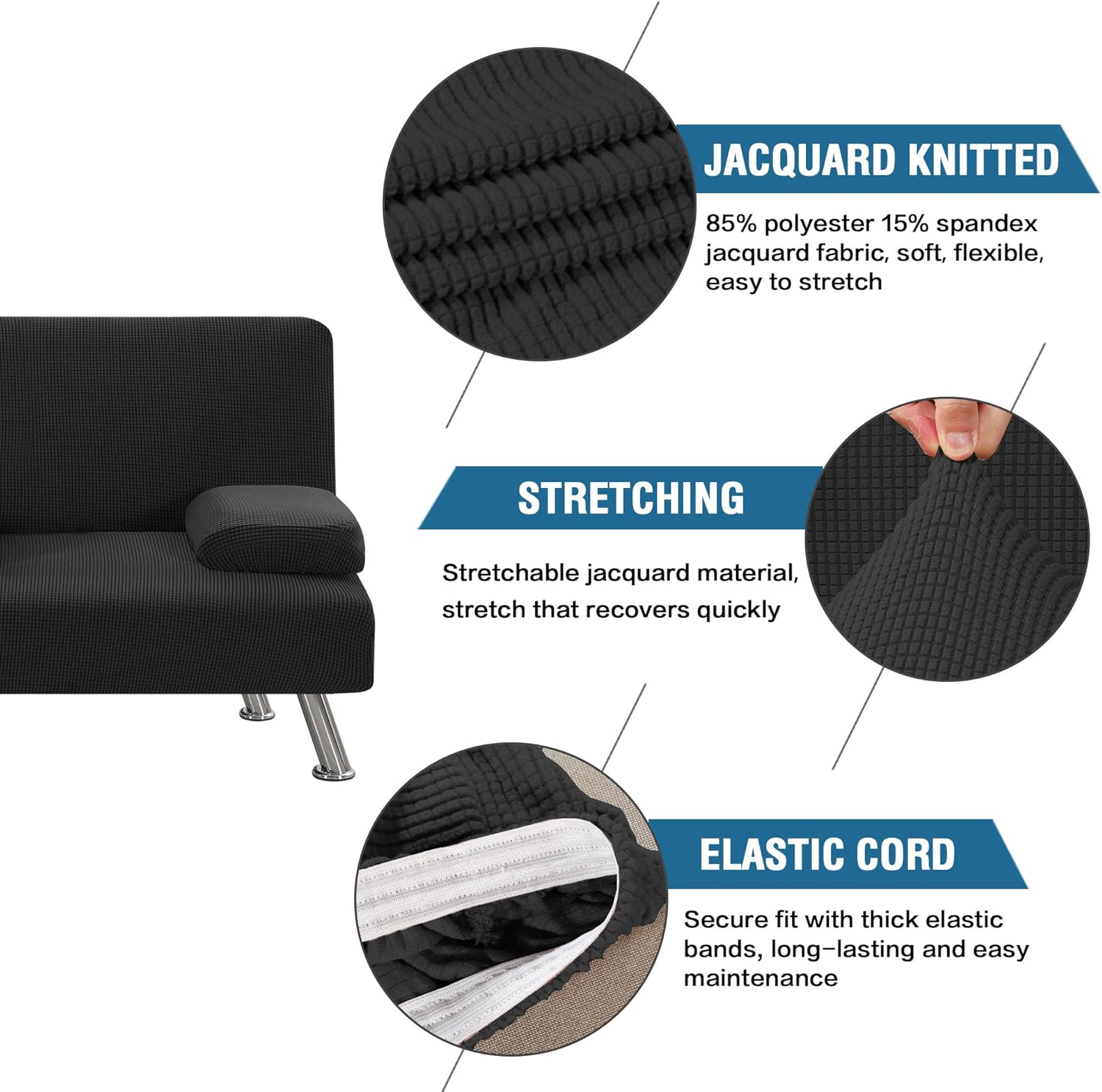 4 Pieces Stretch Futon Covers Sofa Bed Slipcover with Removable Armrests and Cupholders Covers Furniture Protector High Spandex Small Checks Jacquard Fabric, Black - Image 4