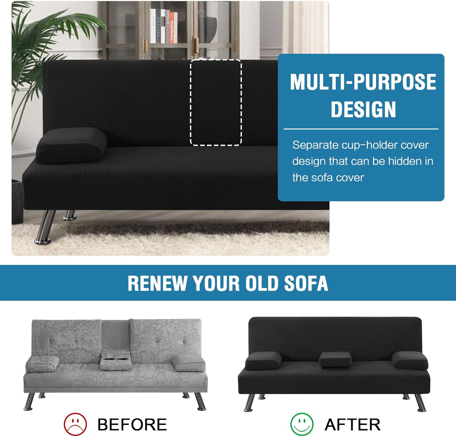 4 Pieces Stretch Futon Covers Sofa Bed Slipcover with Removable Armrests and Cupholders Covers Furniture Protector High Spandex Small Checks Jacquard Fabric, Black - Image 5