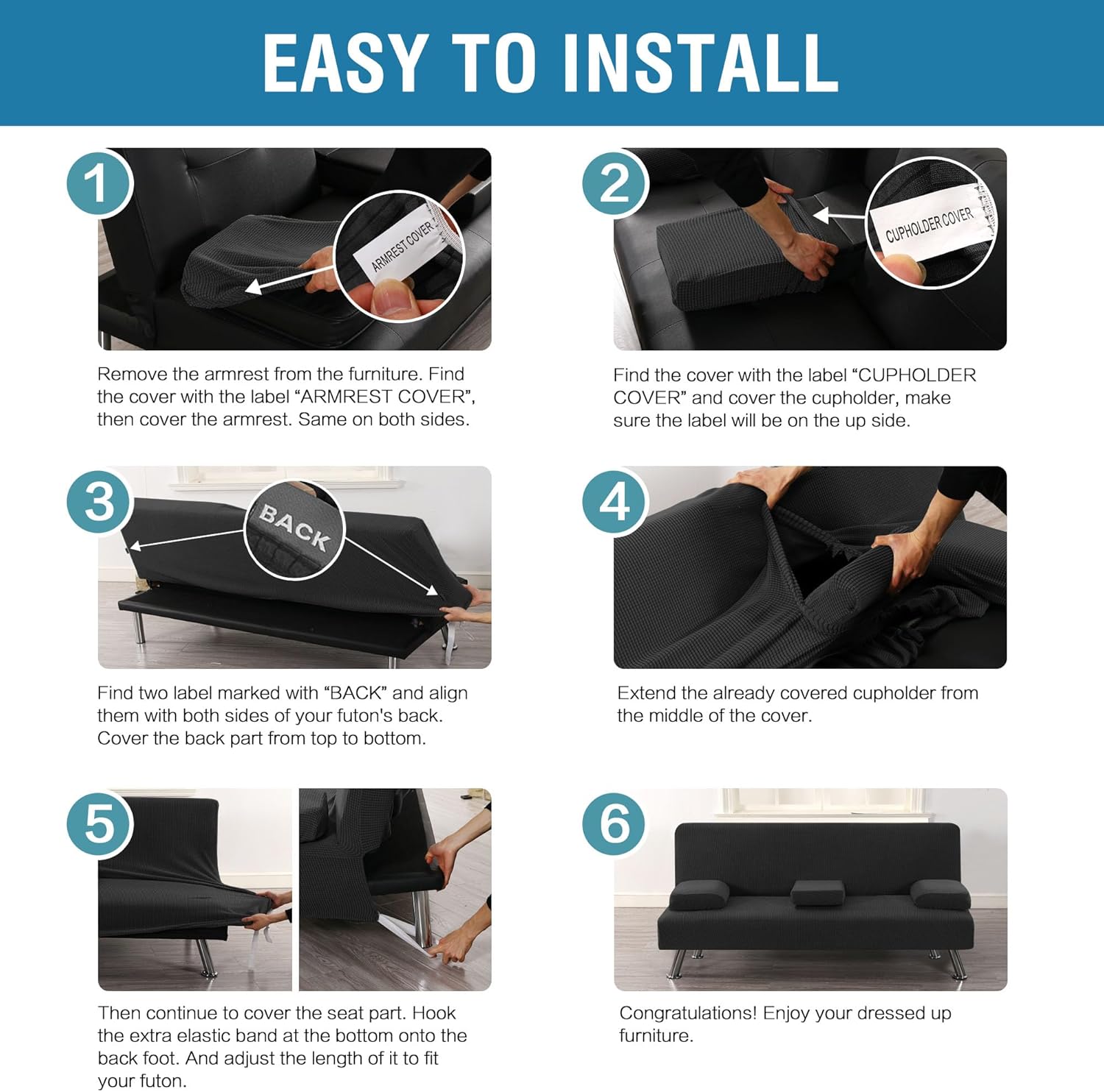 4 Pieces Stretch Futon Covers Sofa Bed Slipcover with Removable Armrests and Cupholders Covers Furniture Protector High Spandex Small Checks Jacquard Fabric, Black - Image 6