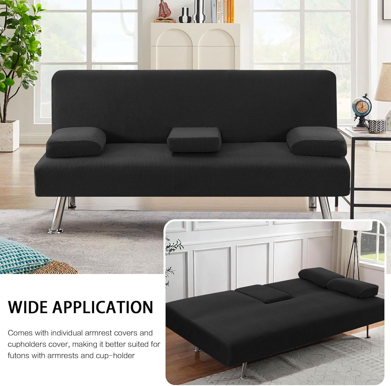 4 Pieces Stretch Futon Covers Sofa Bed Slipcover with Removable Armrests and Cupholders Covers Furniture Protector High Spandex Small Checks Jacquard Fabric, Black - Image 7
