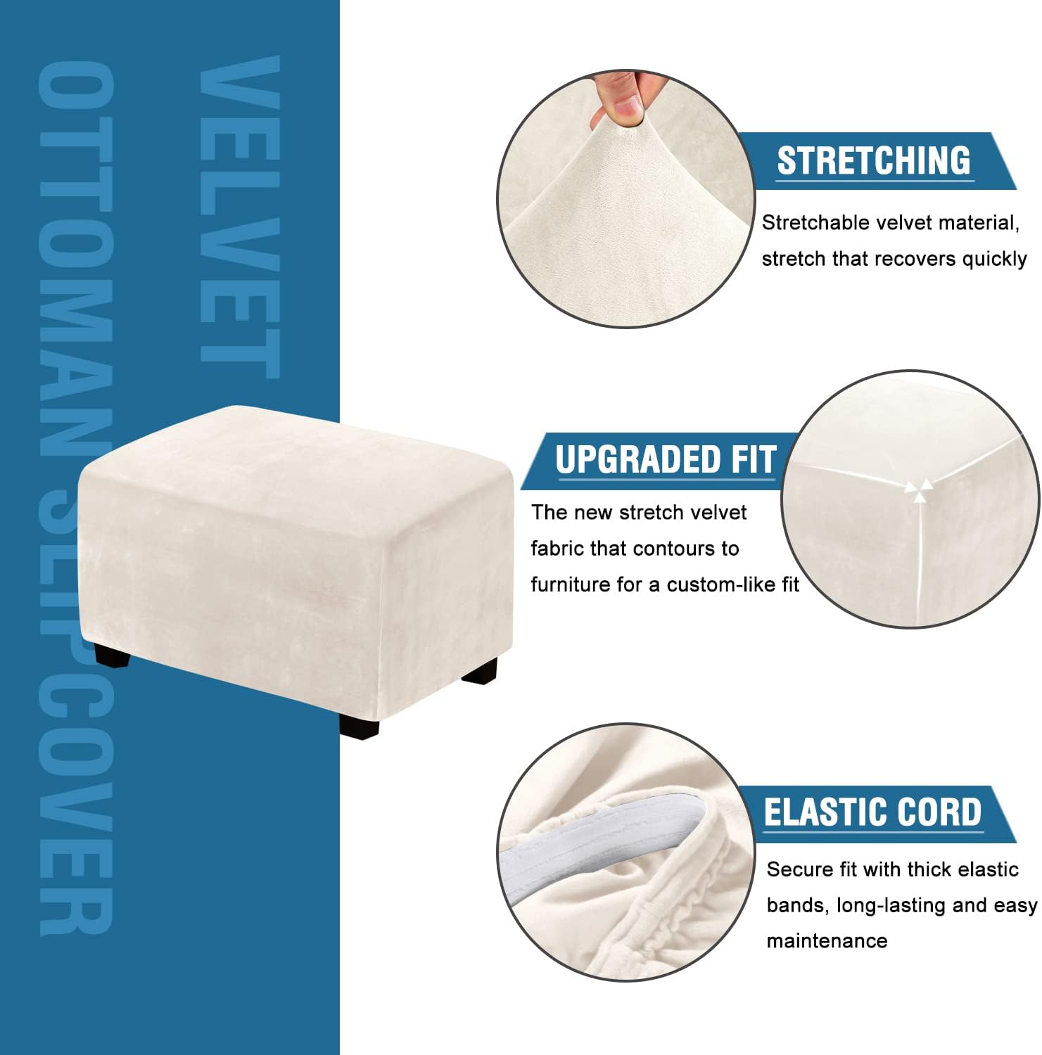 Ottoman Covers Slipcover Rectangle Real Velvet Plh 1 Piece Form Fit Stretch Folding Storage Covers Ottoman Slipcovers Removable Footrest Covers Elastic Bottom Washable(Large, Ivory) - Image 3