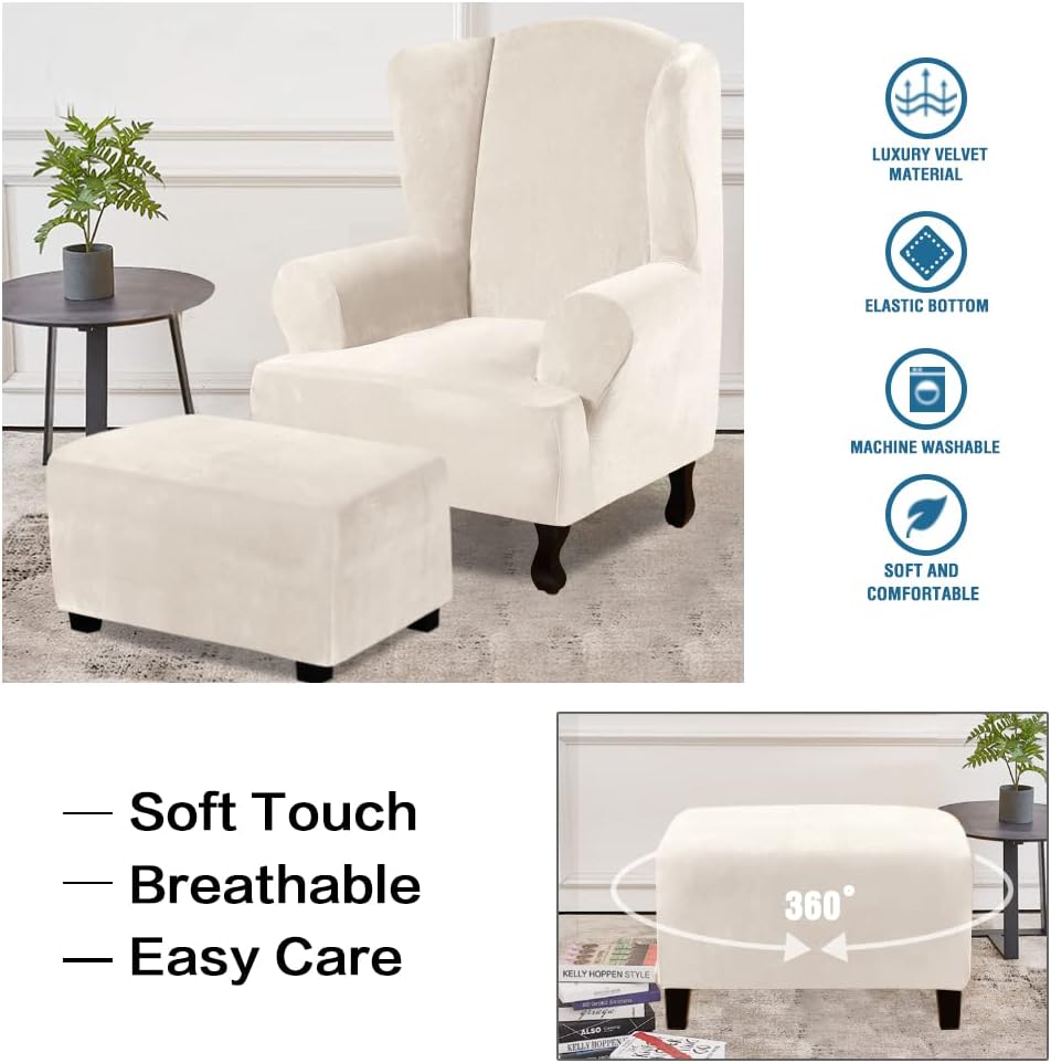 Ottoman Covers Slipcover Rectangle Real Velvet Plh 1 Piece Form Fit Stretch Folding Storage Covers Ottoman Slipcovers Removable Footrest Covers Elastic Bottom Washable(Large, Ivory) - Image 4