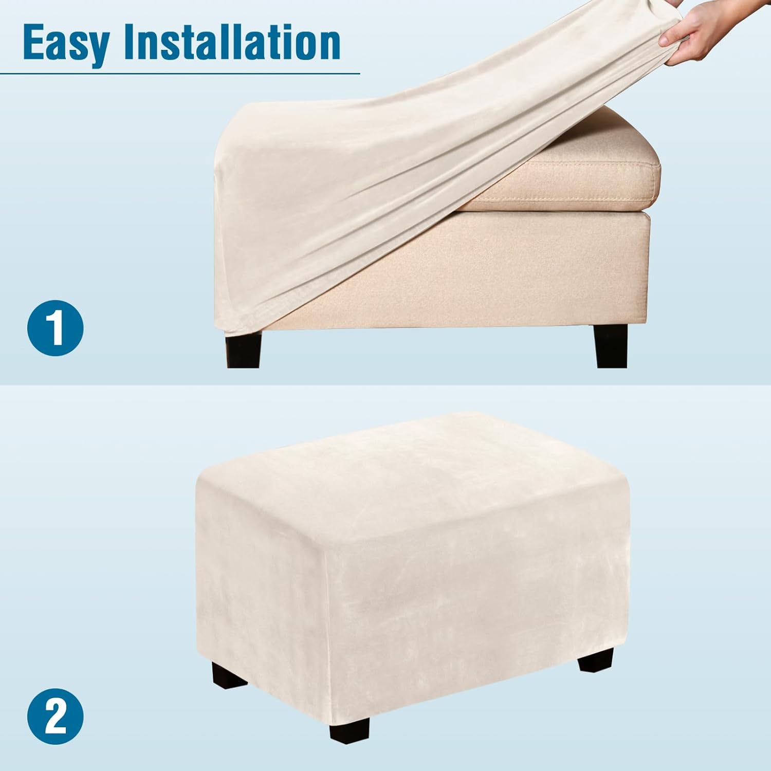 Ottoman Covers Slipcover Rectangle Real Velvet Plh 1 Piece Form Fit Stretch Folding Storage Covers Ottoman Slipcovers Removable Footrest Covers Elastic Bottom Washable(Large, Ivory) - Image 5