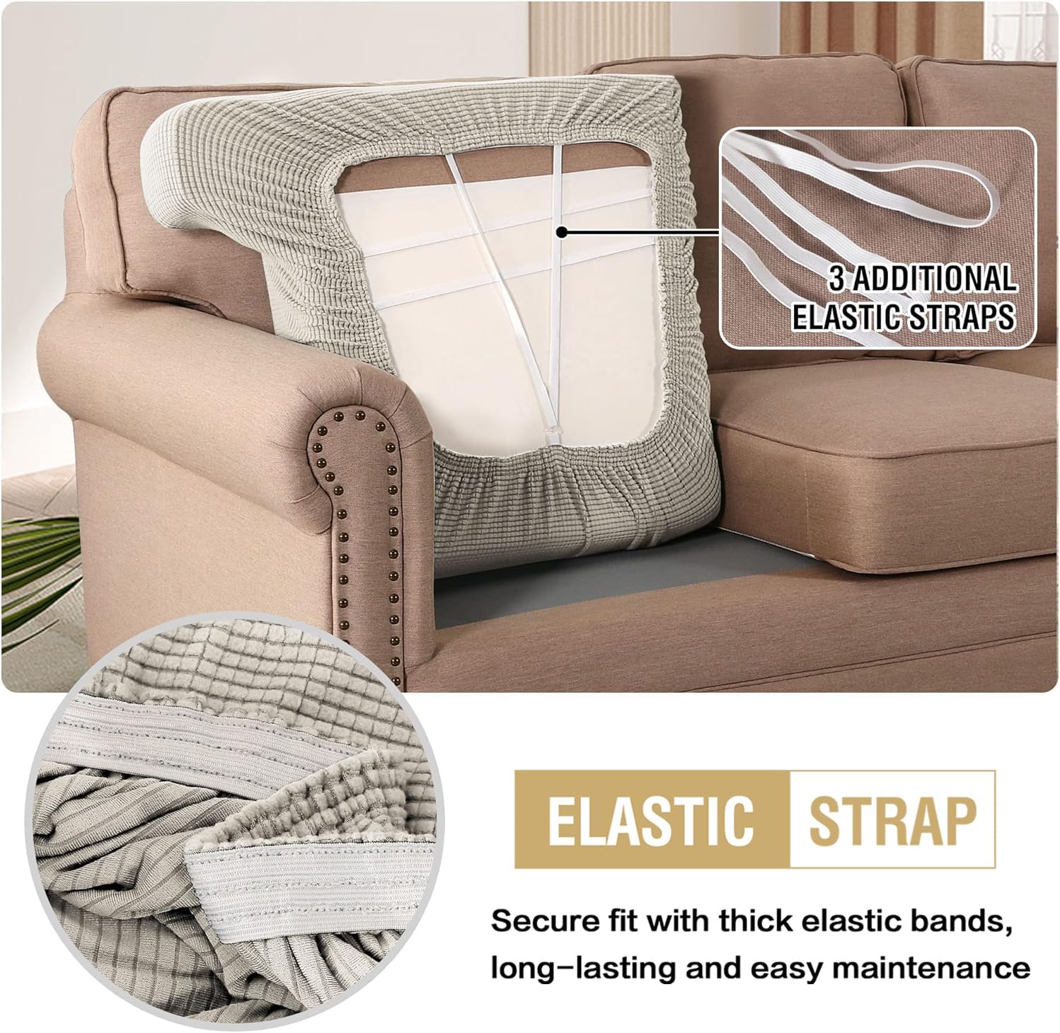 Stretch 3 Piece T Chion Sofa Slipcovers Individually Sofa Chion Covers for 3 Chion Couch Sofa Seat Chion Covers with Elastic Bands Featuring Thicker Jacquard Fabric, Island Fossi - Image 7