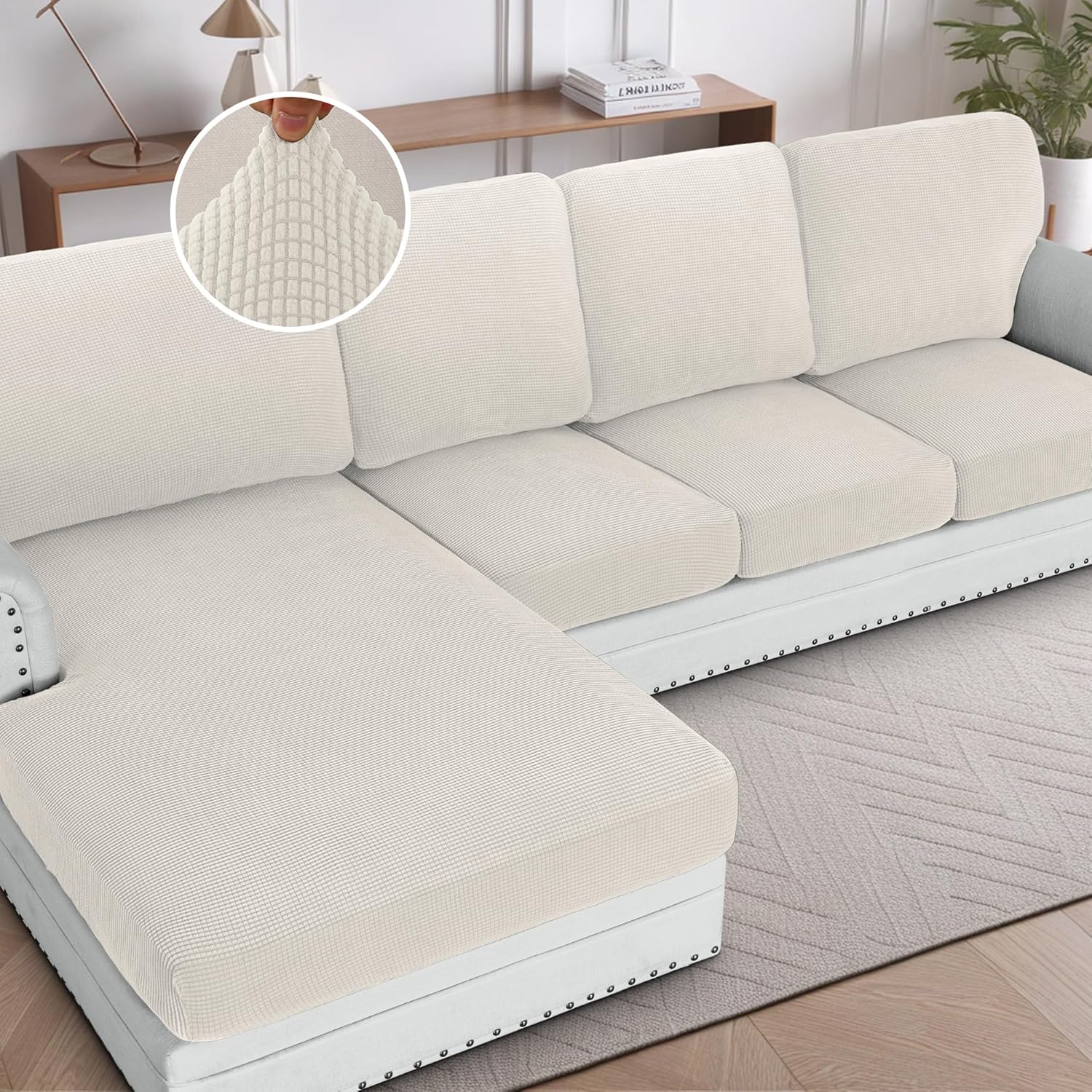Sectional Couch Covers 8 Pieces Stretch Sofa Covers for Sectional Sofa Set Separate L Shaped Couch Cover for Both Left/Right Couch (Seat and Back: 1 Chaise + 3 Sofa, Ivory) - Image 1