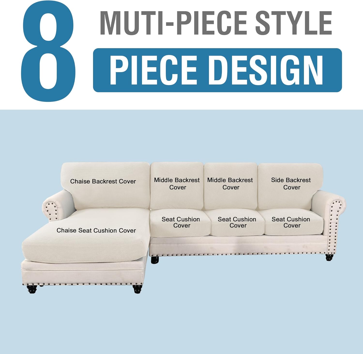 Sectional Couch Covers 8 Pieces Stretch Sofa Covers for Sectional Sofa Set Separate L Shaped Couch Cover for Both Left/Right Couch (Seat and Back: 1 Chaise + 3 Sofa, Ivory) - Image 2