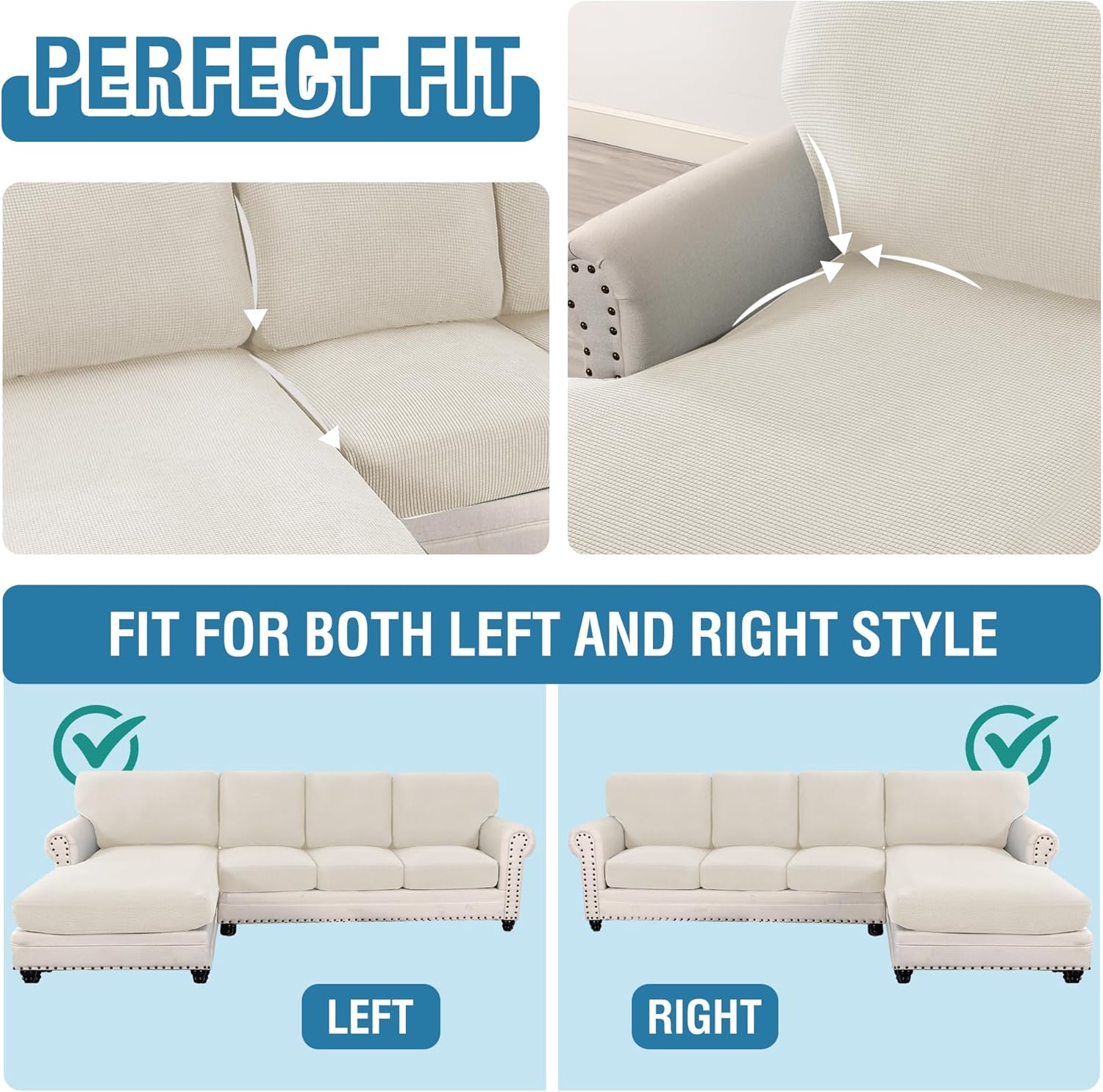 Sectional Couch Covers 8 Pieces Stretch Sofa Covers for Sectional Sofa Set Separate L Shaped Couch Cover for Both Left/Right Couch (Seat and Back: 1 Chaise + 3 Sofa, Ivory) - Image 5