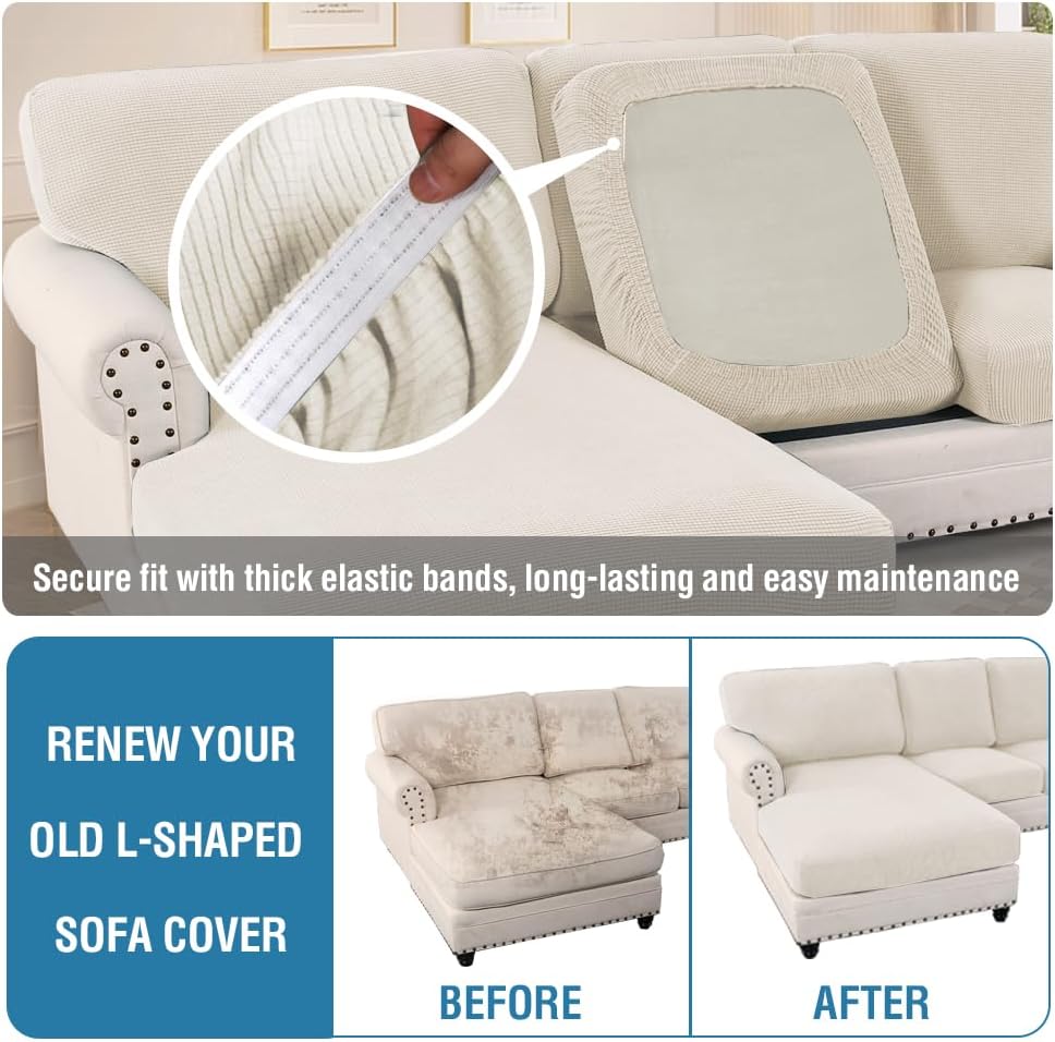 Sectional Couch Covers 8 Pieces Stretch Sofa Covers for Sectional Sofa Set Separate L Shaped Couch Cover for Both Left/Right Couch (Seat and Back: 1 Chaise + 3 Sofa, Ivory) - Image 6